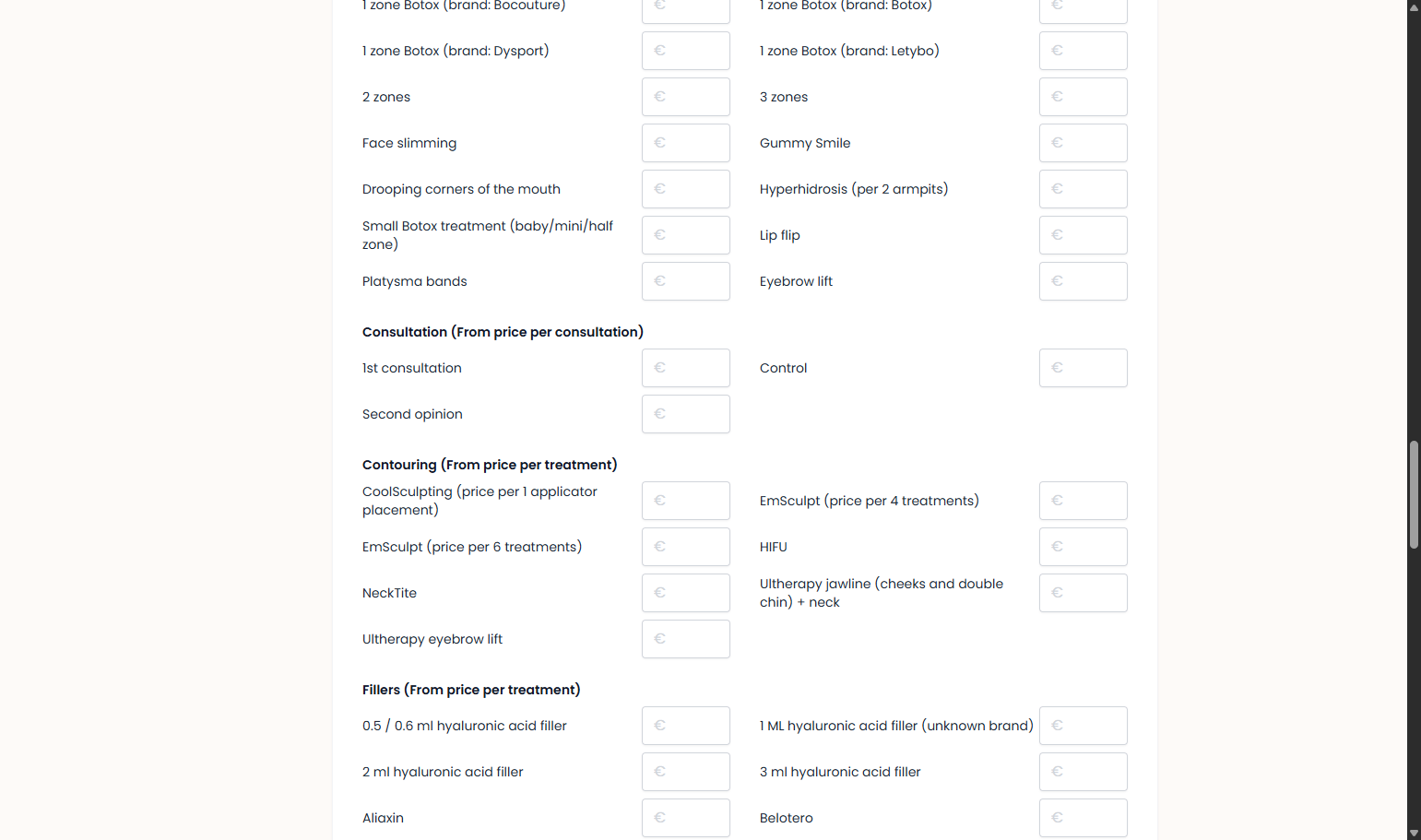 For consultation (starting price per session) Voor consultatie (vanaf prijs per consult)