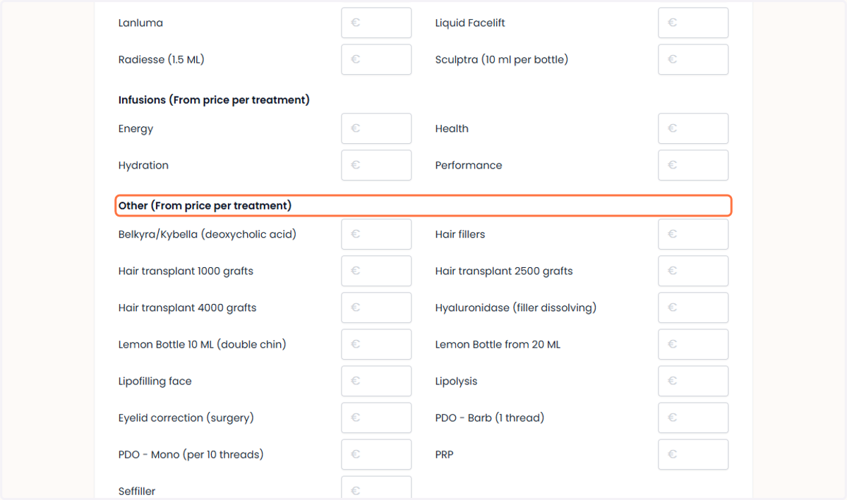 For other treatments (starting price per treatment) Voor andere behandelingen (vanaf prijs per behandeling)