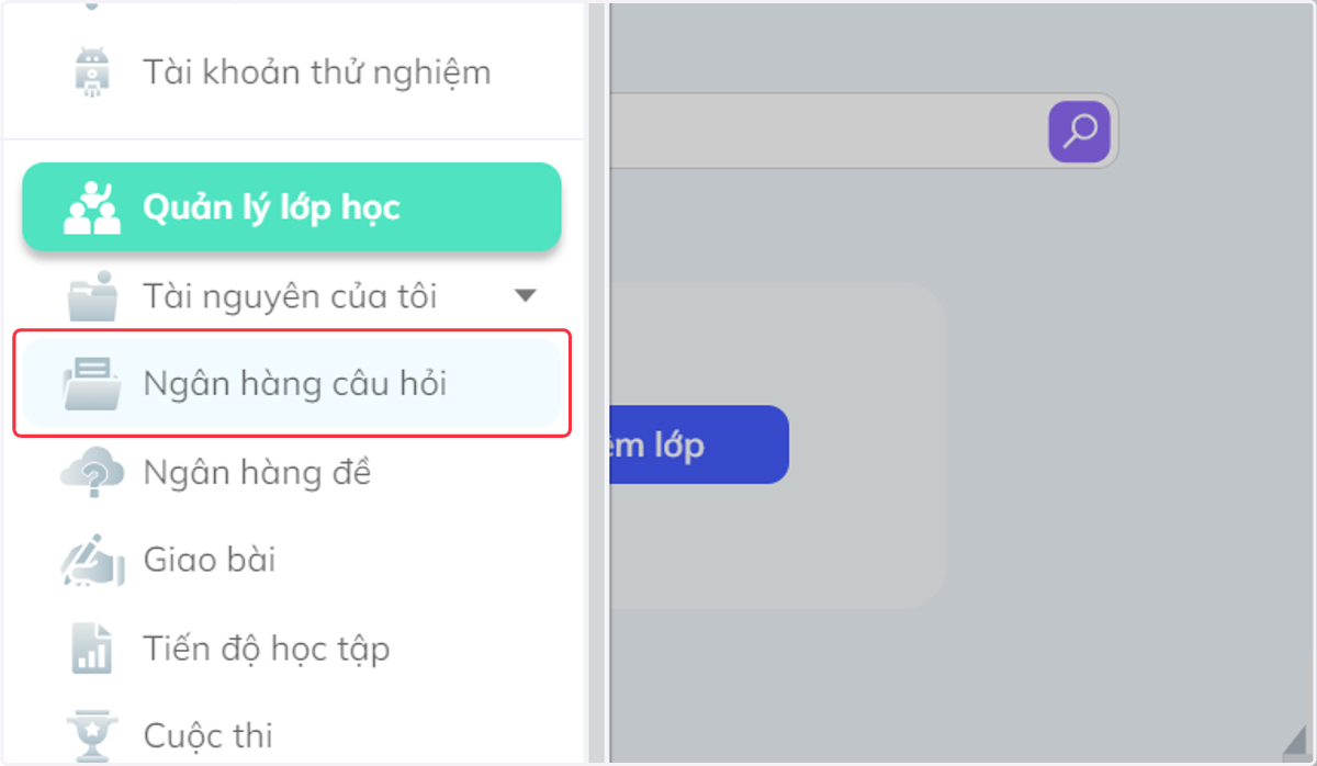 Nhấn chọn "Ngân hàng câu hỏi"