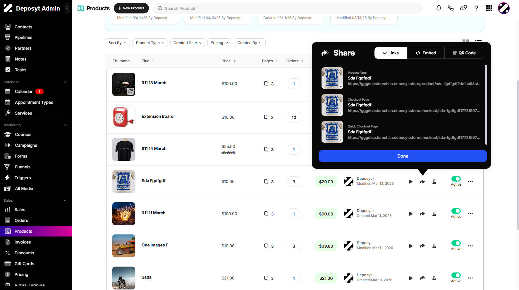 Step 4: A pop-up window will appear, allowing you to copy either the product page link or the checkout page link.