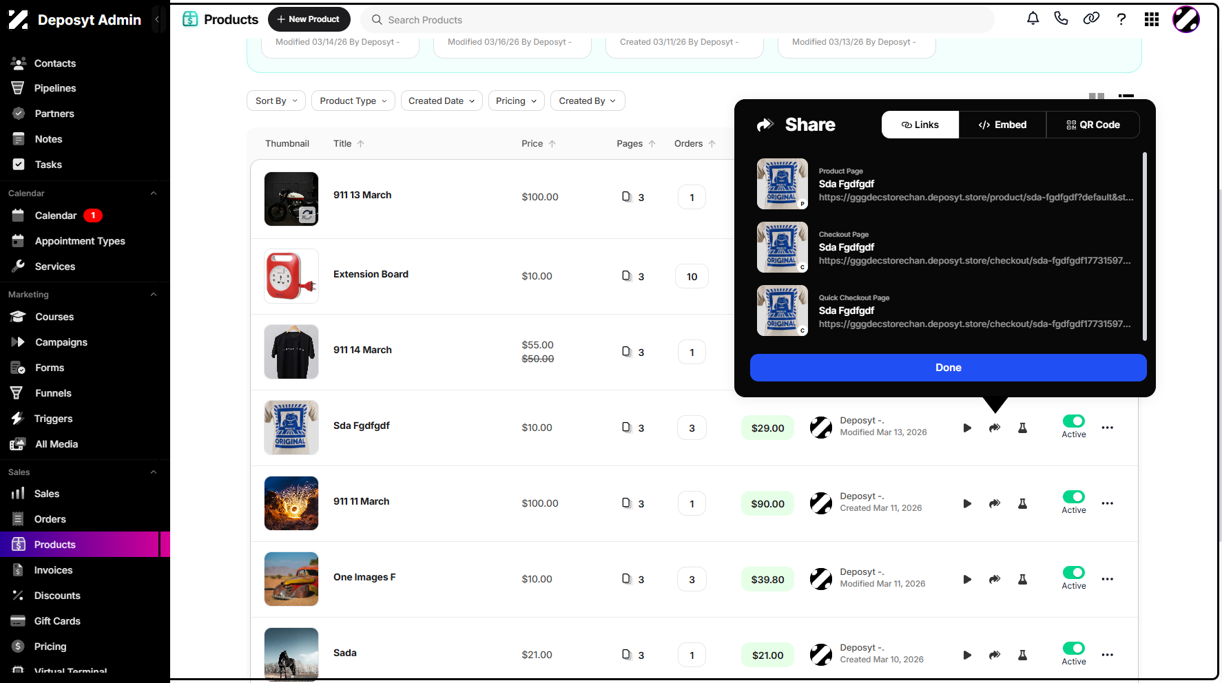 Step 4: A pop-up window will appear, allowing you to copy either the product page link or the checkout page link.