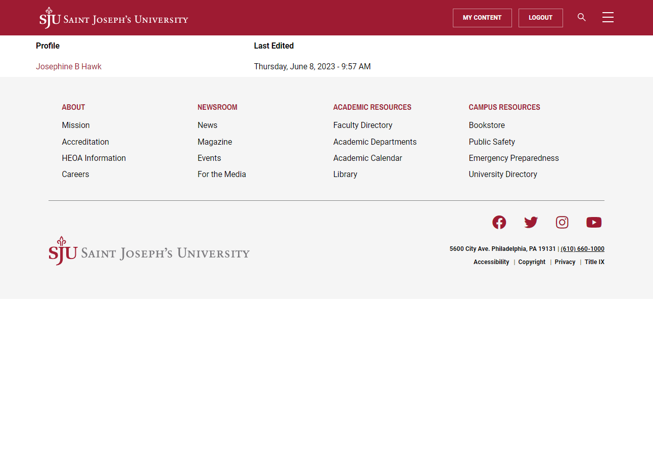 Click on the faculty or staff profile name. In this example it is "Josephine B Hawk"