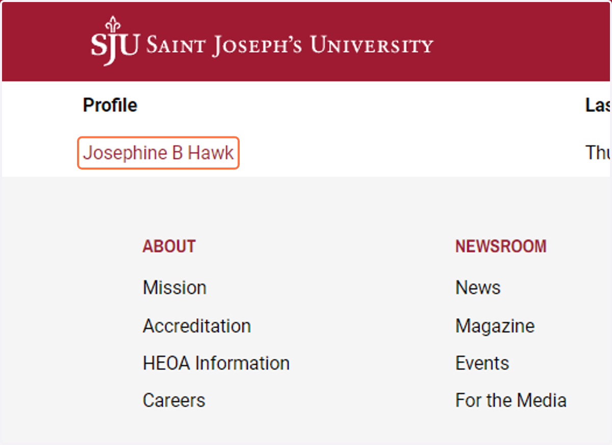 Click on the faculty or staff profile name. In this example it is "Josephine B Hawk"
