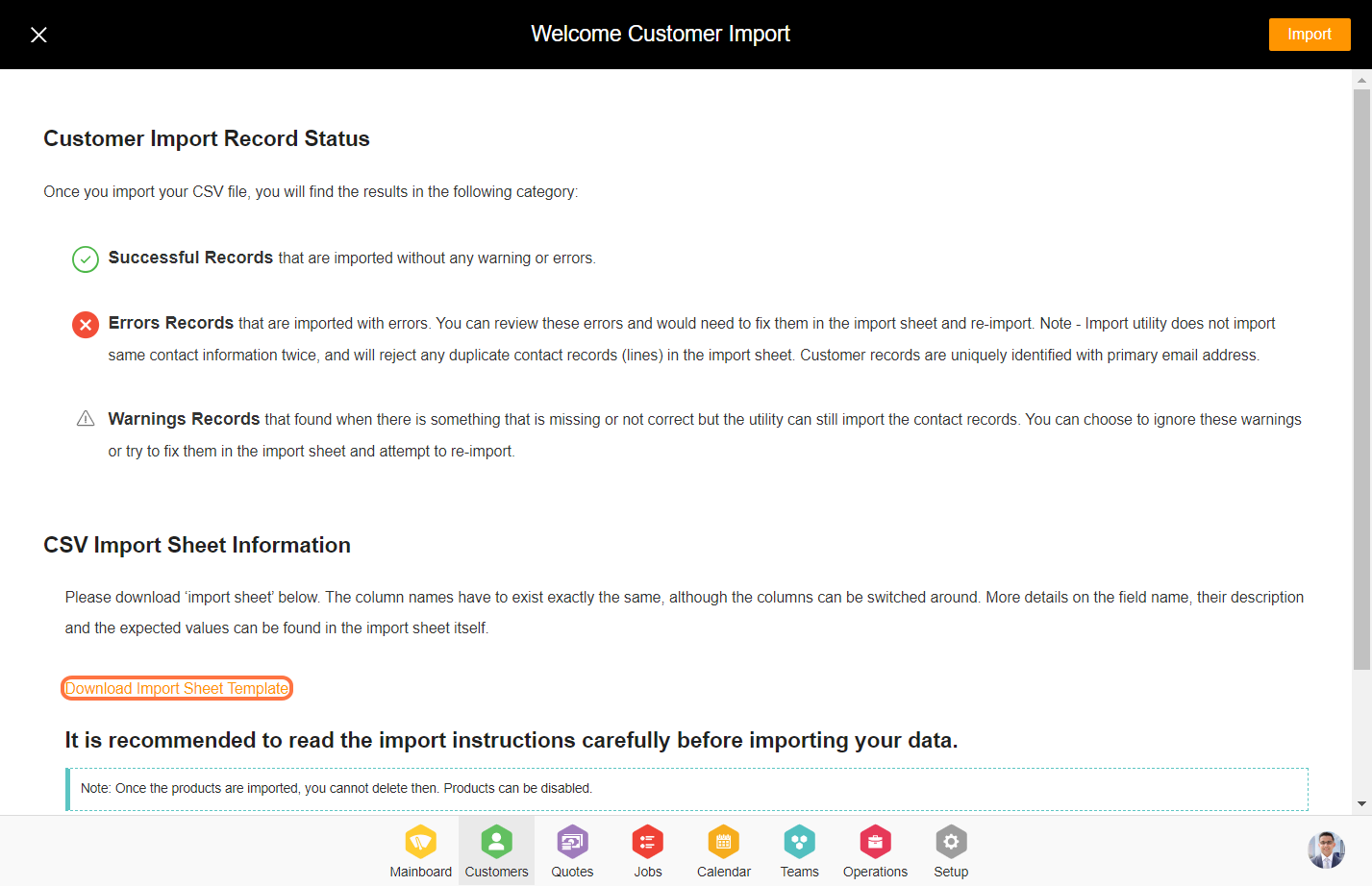 Click on Download Import Sheet Template