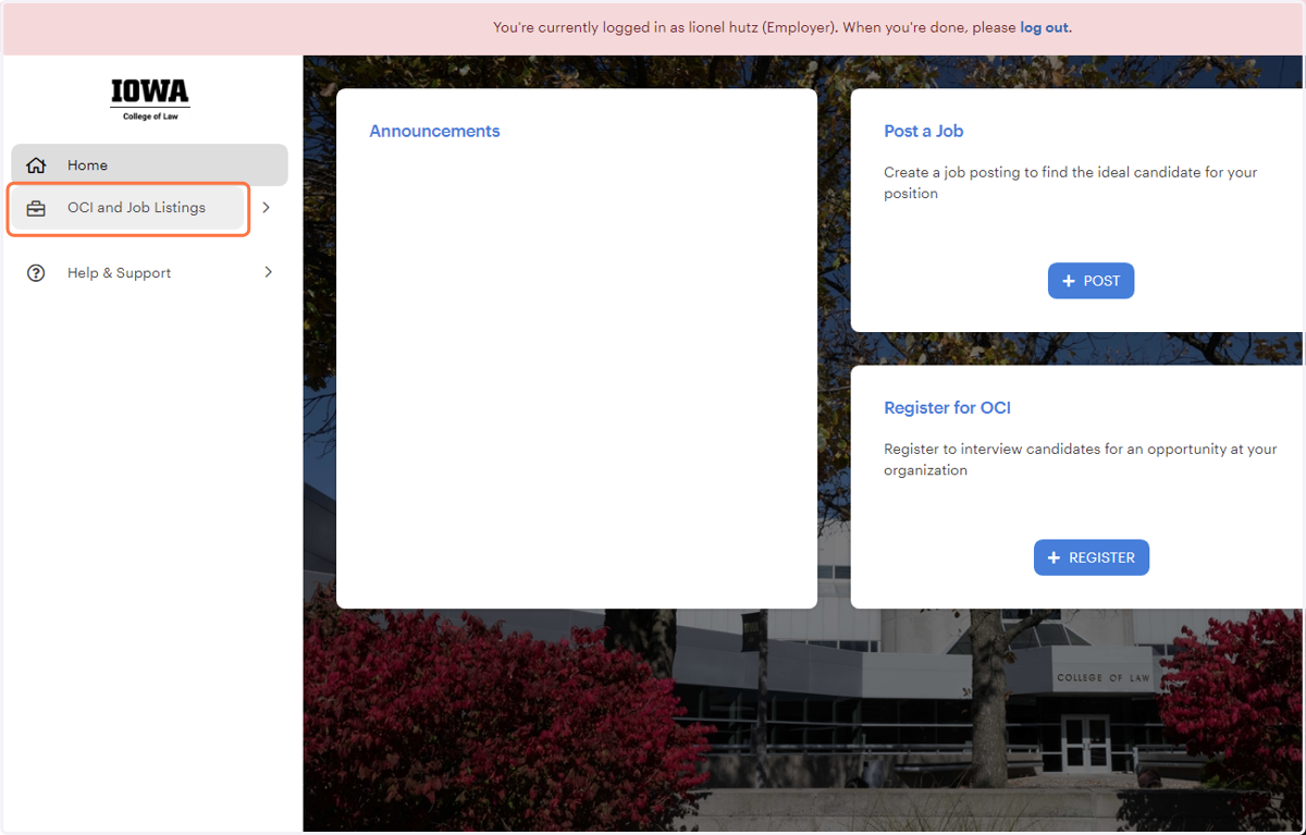 Click on OCI and Job Listings