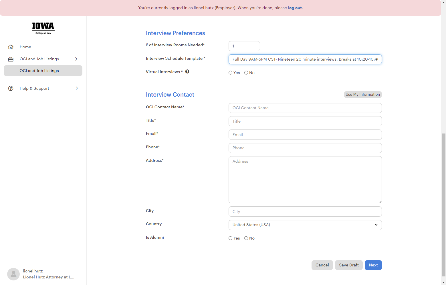 Complete Interview Preferences box