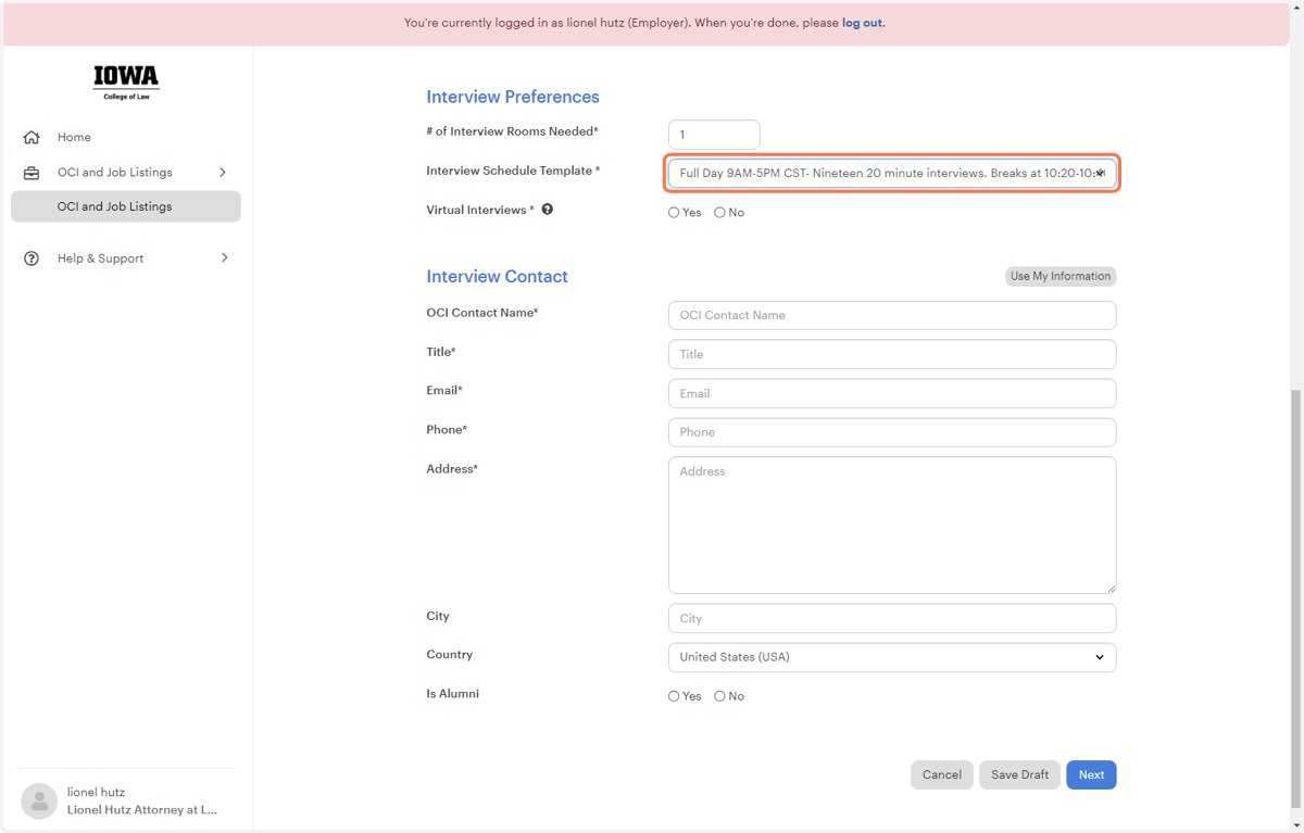 Complete Interview Preferences box