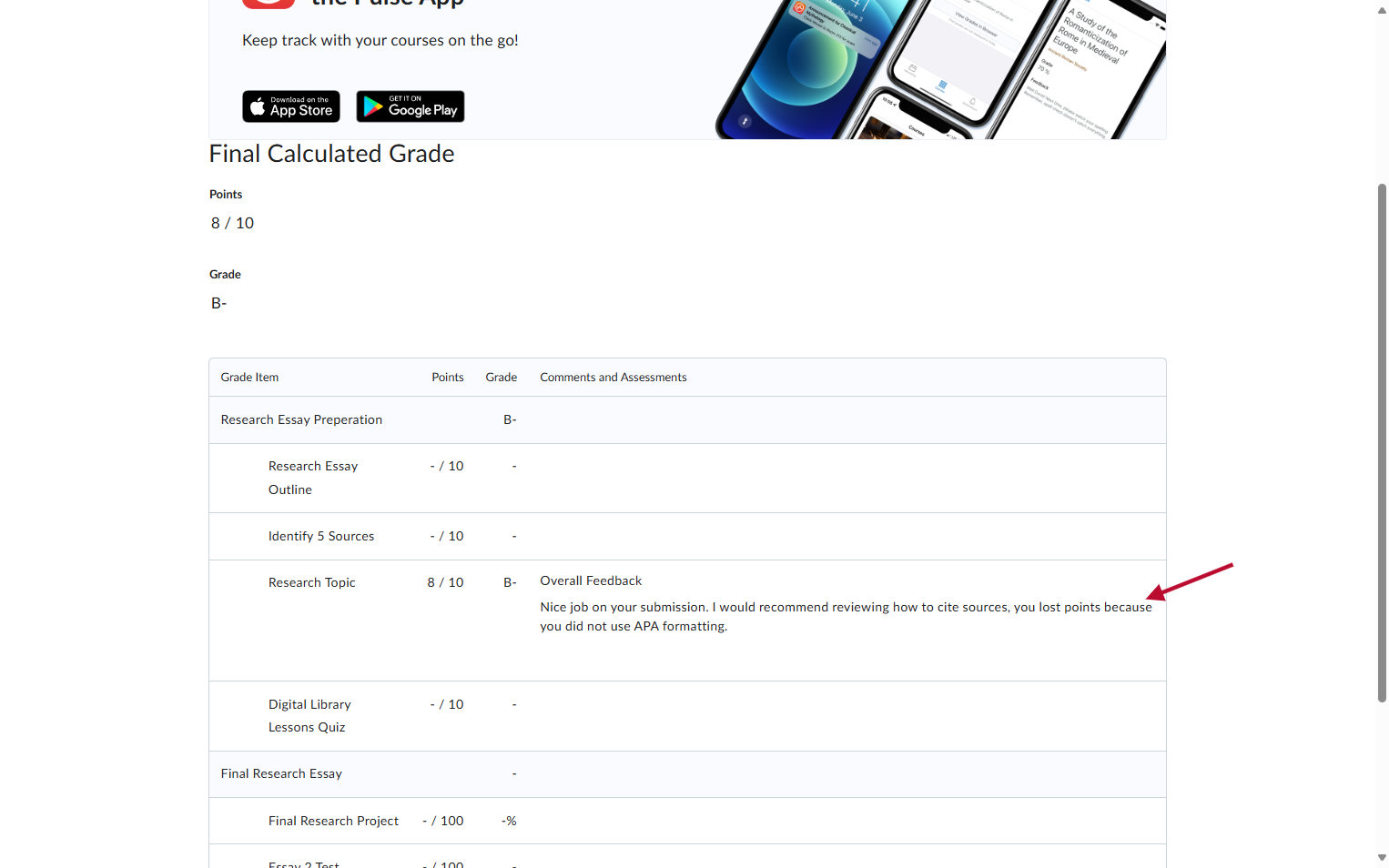 Locate the assignment and you will see your grade and feedback from the instructor.