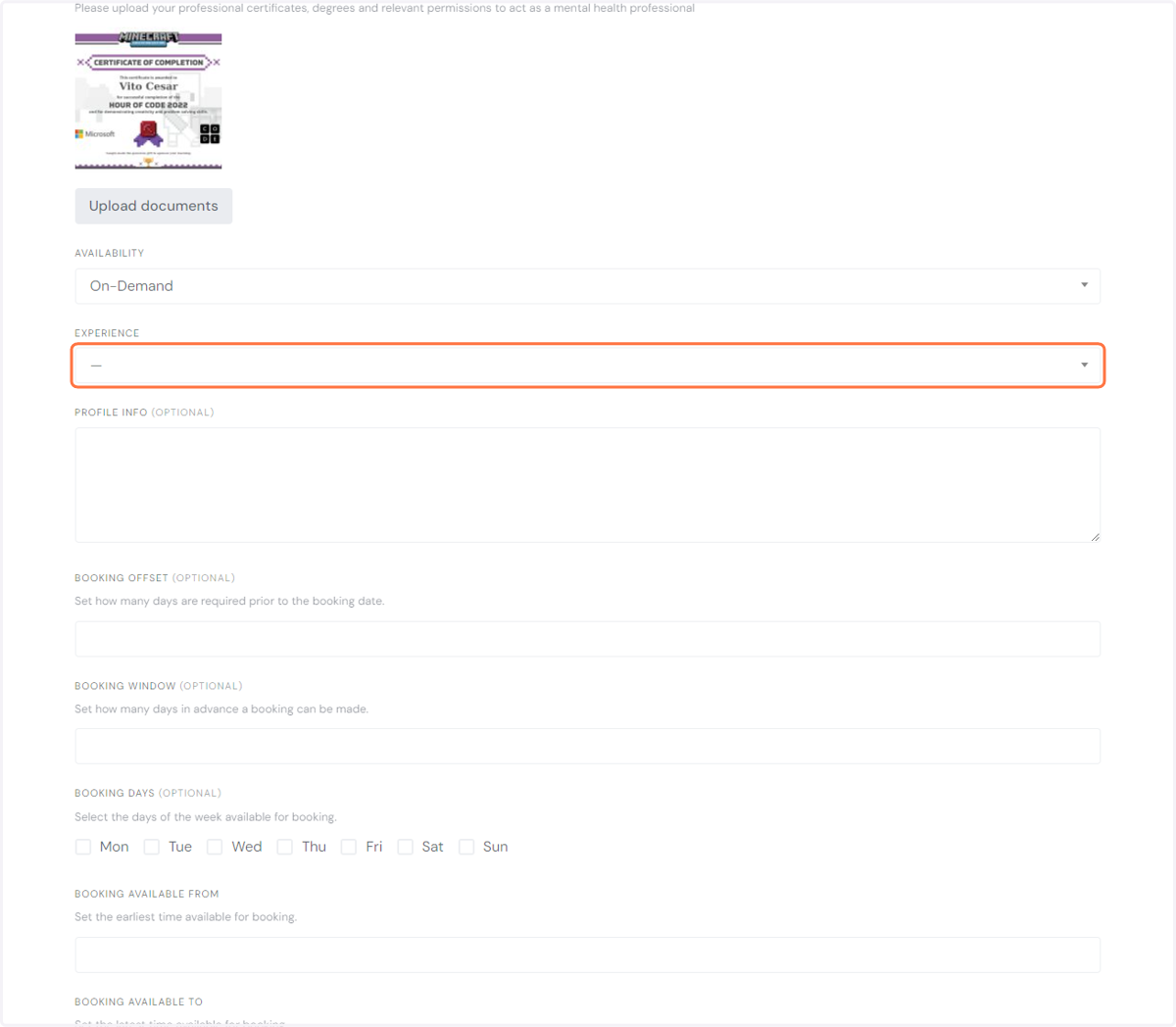 Click on experience