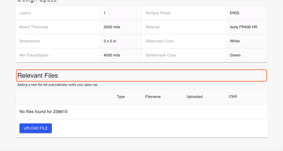 Scroll down to the Relevant Files section within the order details page