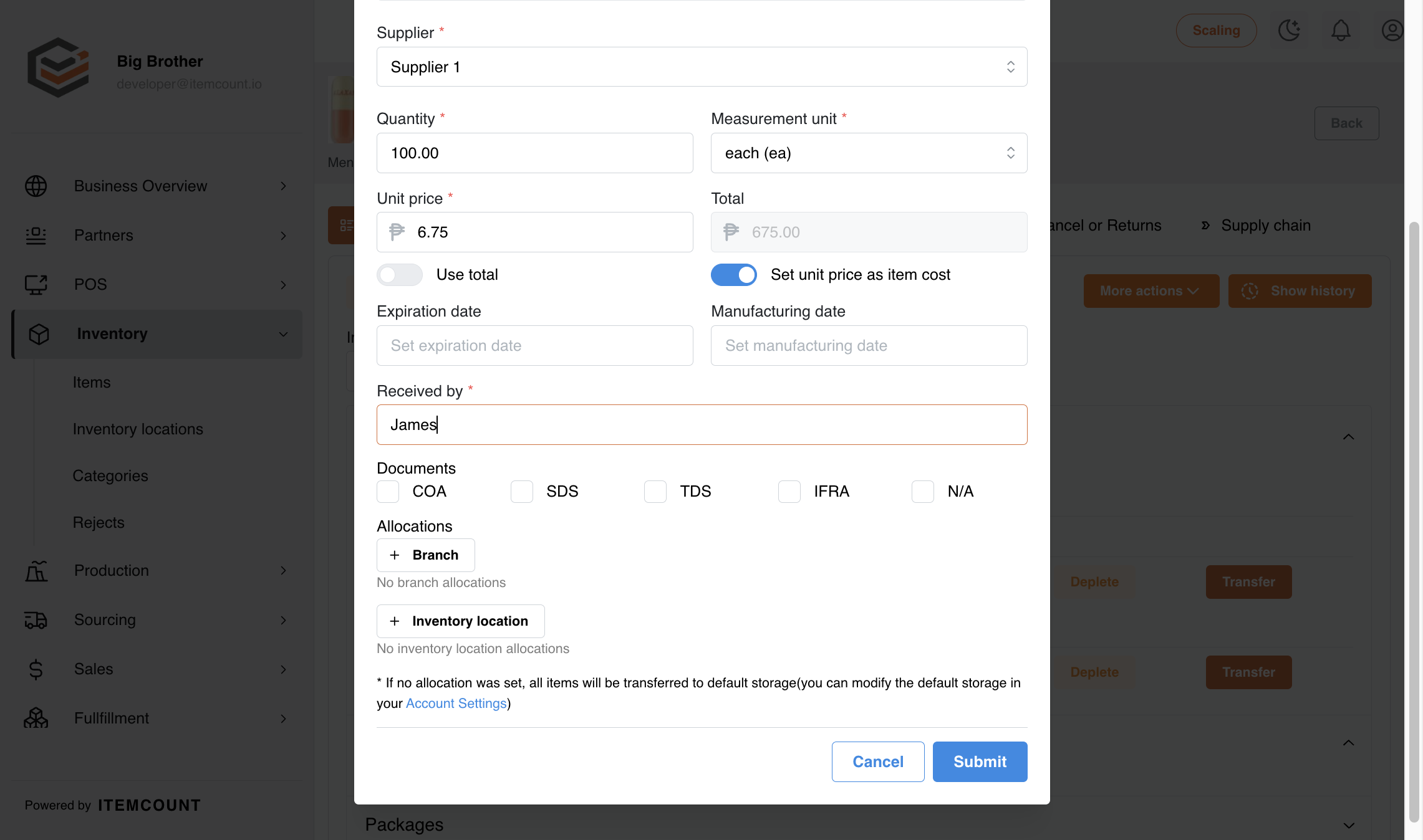 Click on Create Lot Item…
