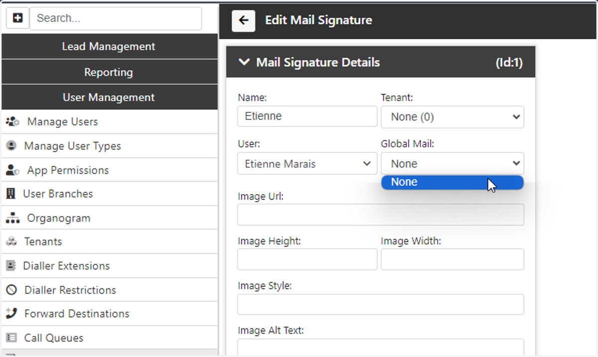 Select the Global Mail account that this signature can apply to