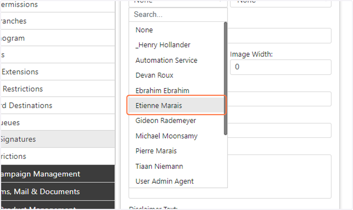 Select the User that this signature will apply to