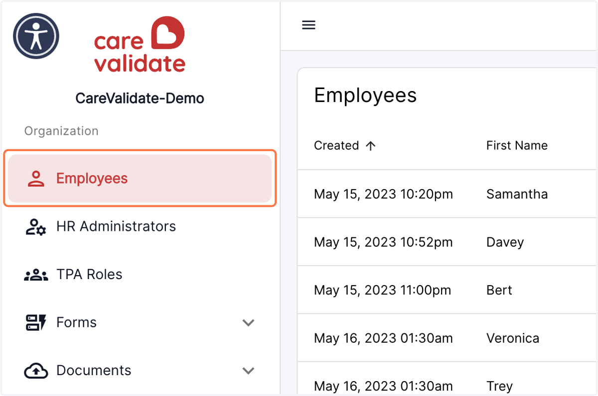 Click on the employees tab in the left panel of the dashboard