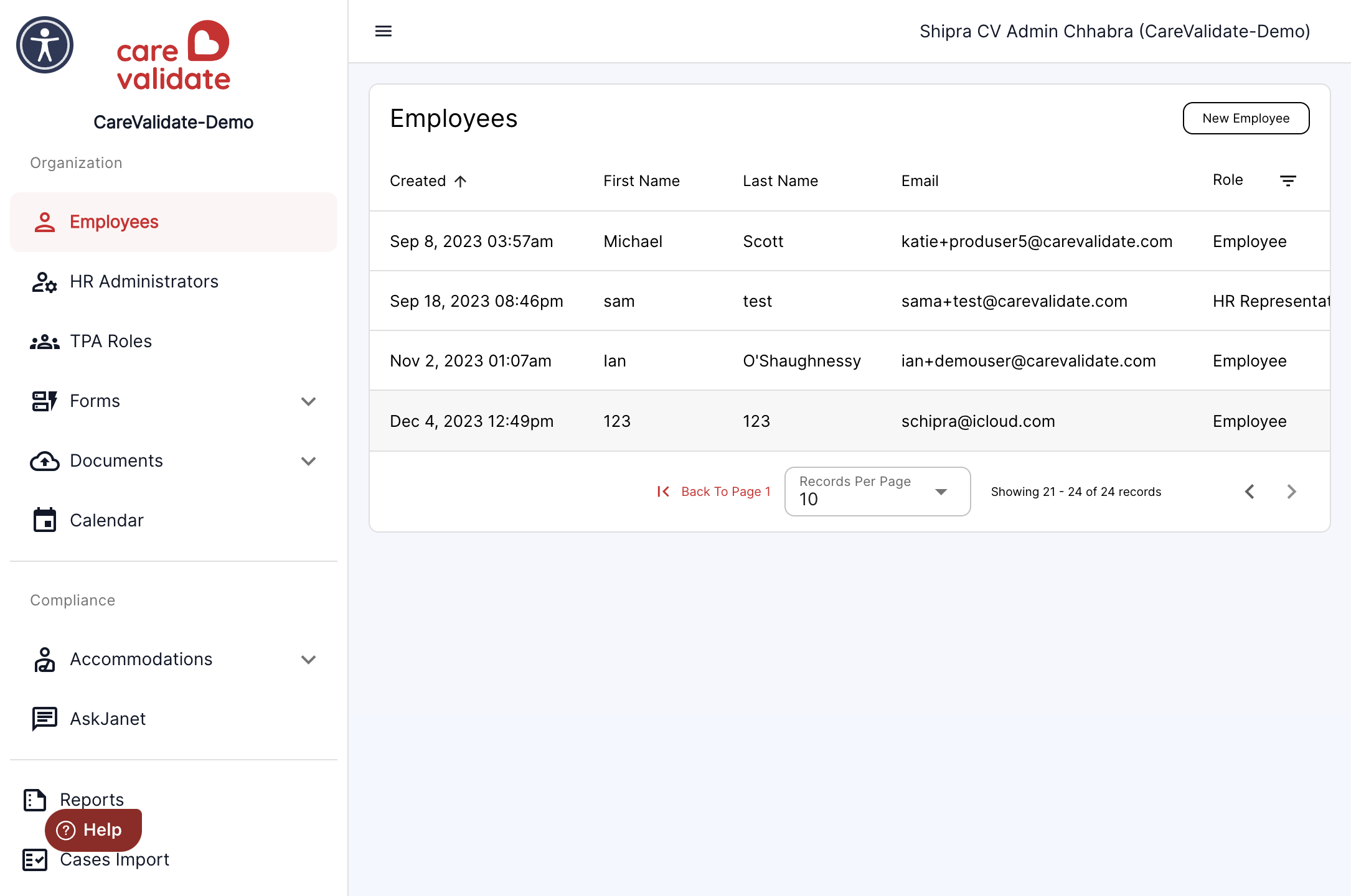 The new user created will now show up in the employees table. Select that user by clicking on the name