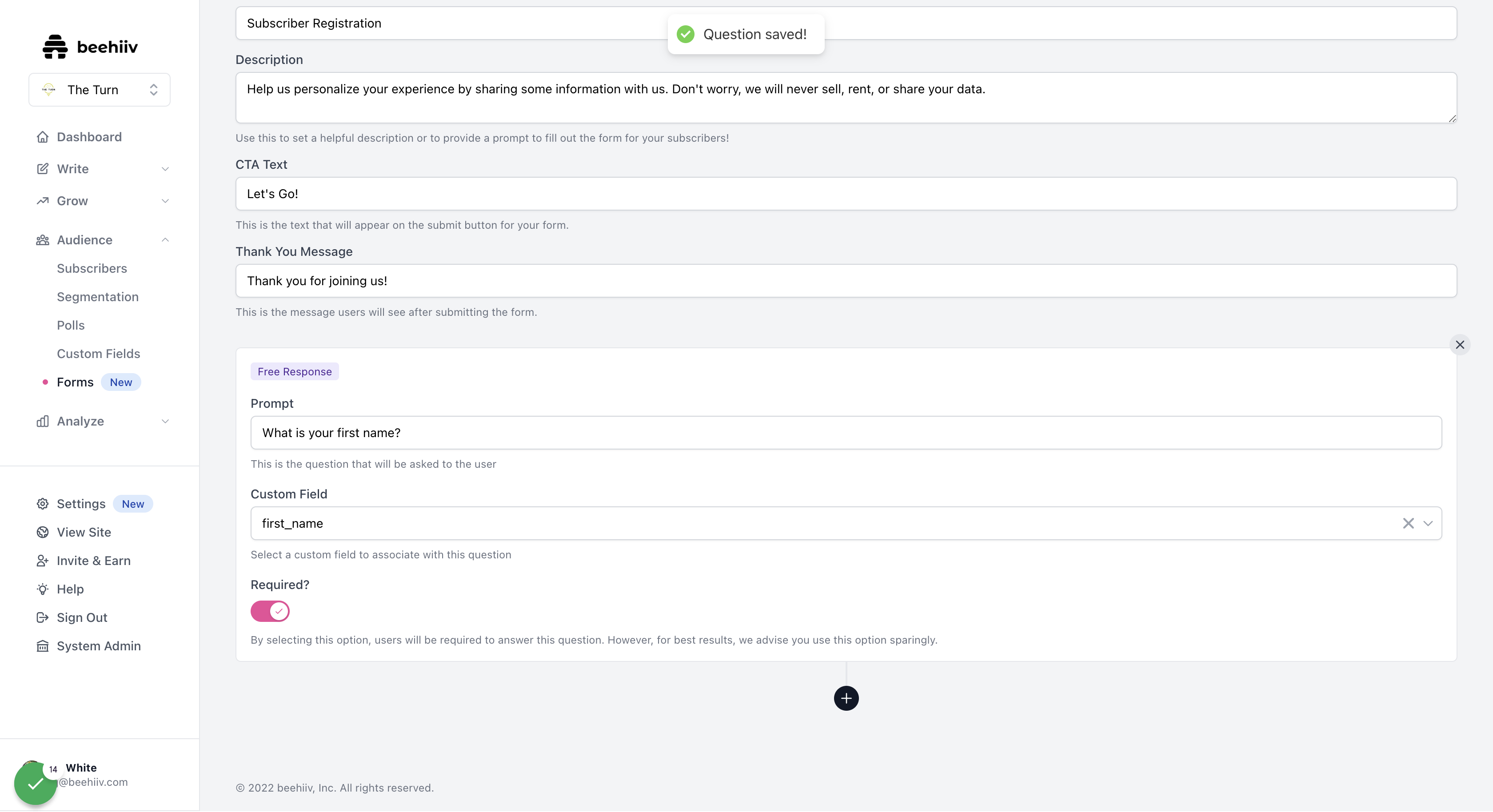 To add subsequent questions, click on the black "+" icon