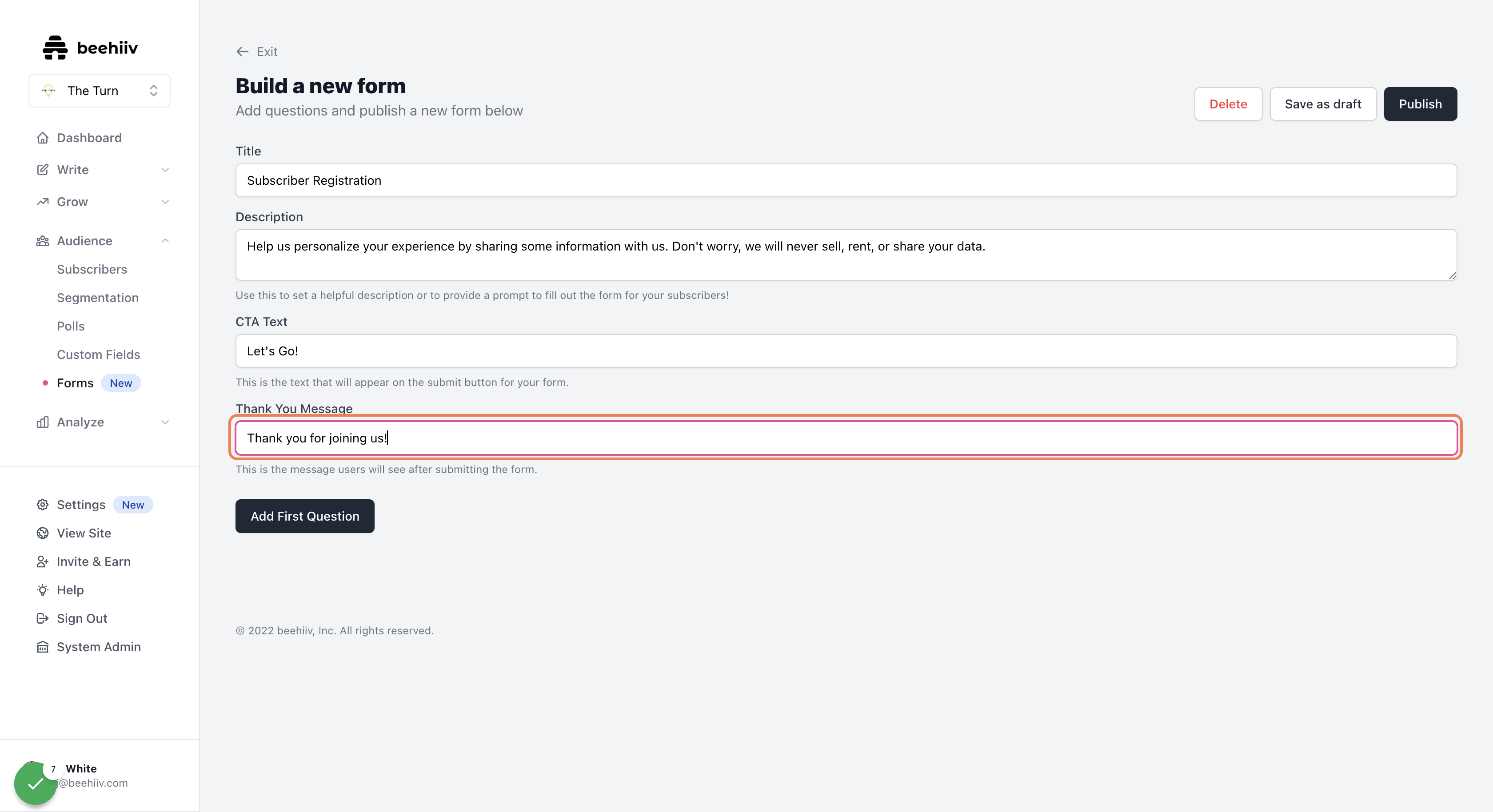 Customize the "Thank you" text users will see upon submission