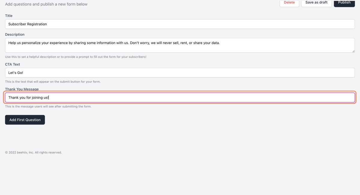 Customize the "Thank you" text users will see upon submission
