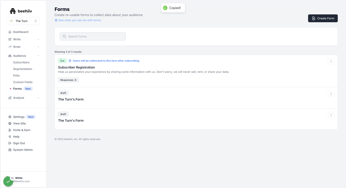 To share the form outside of beehiiv, select "Copy url"