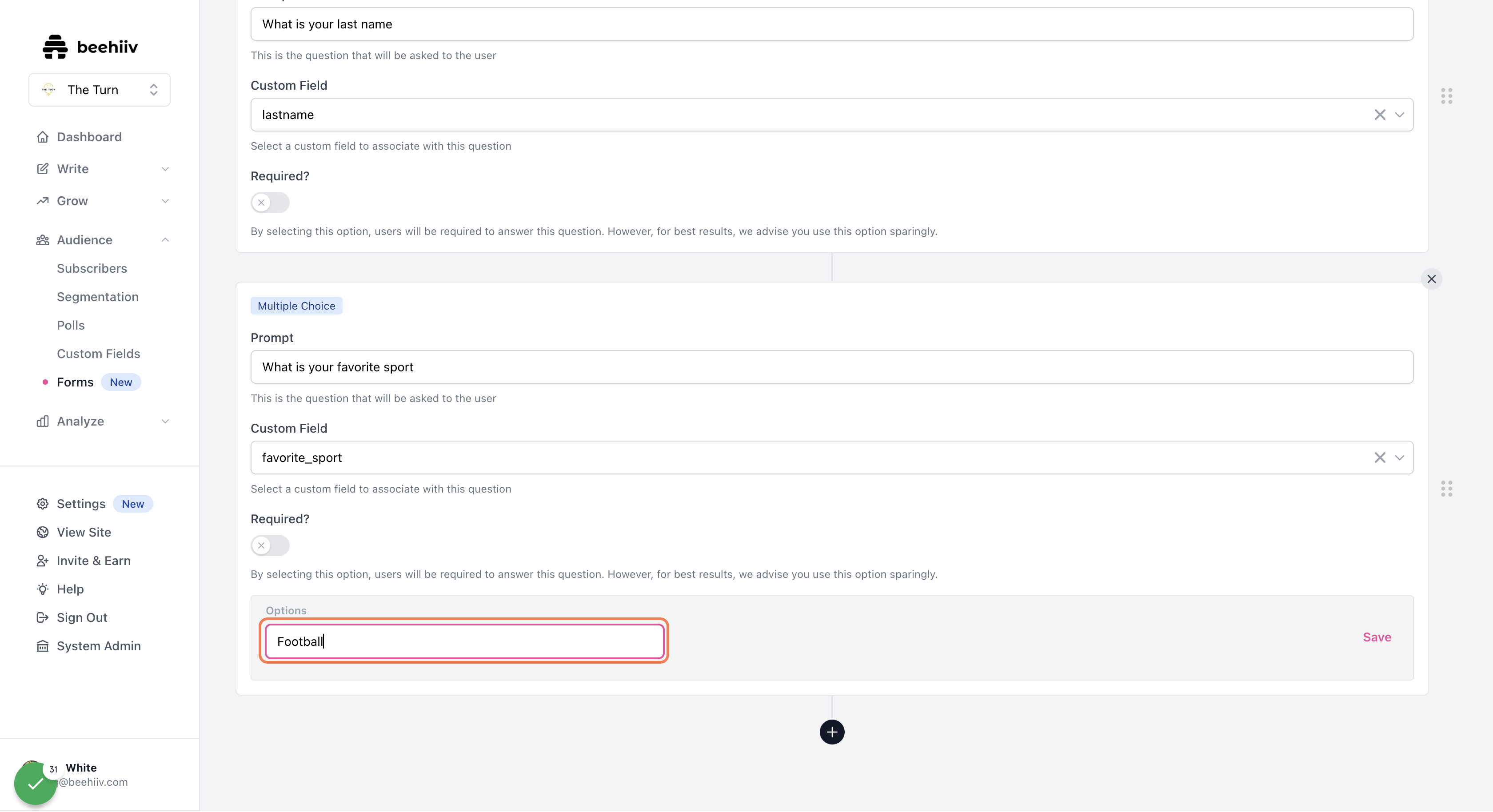 Use this area to add the options that a user may select