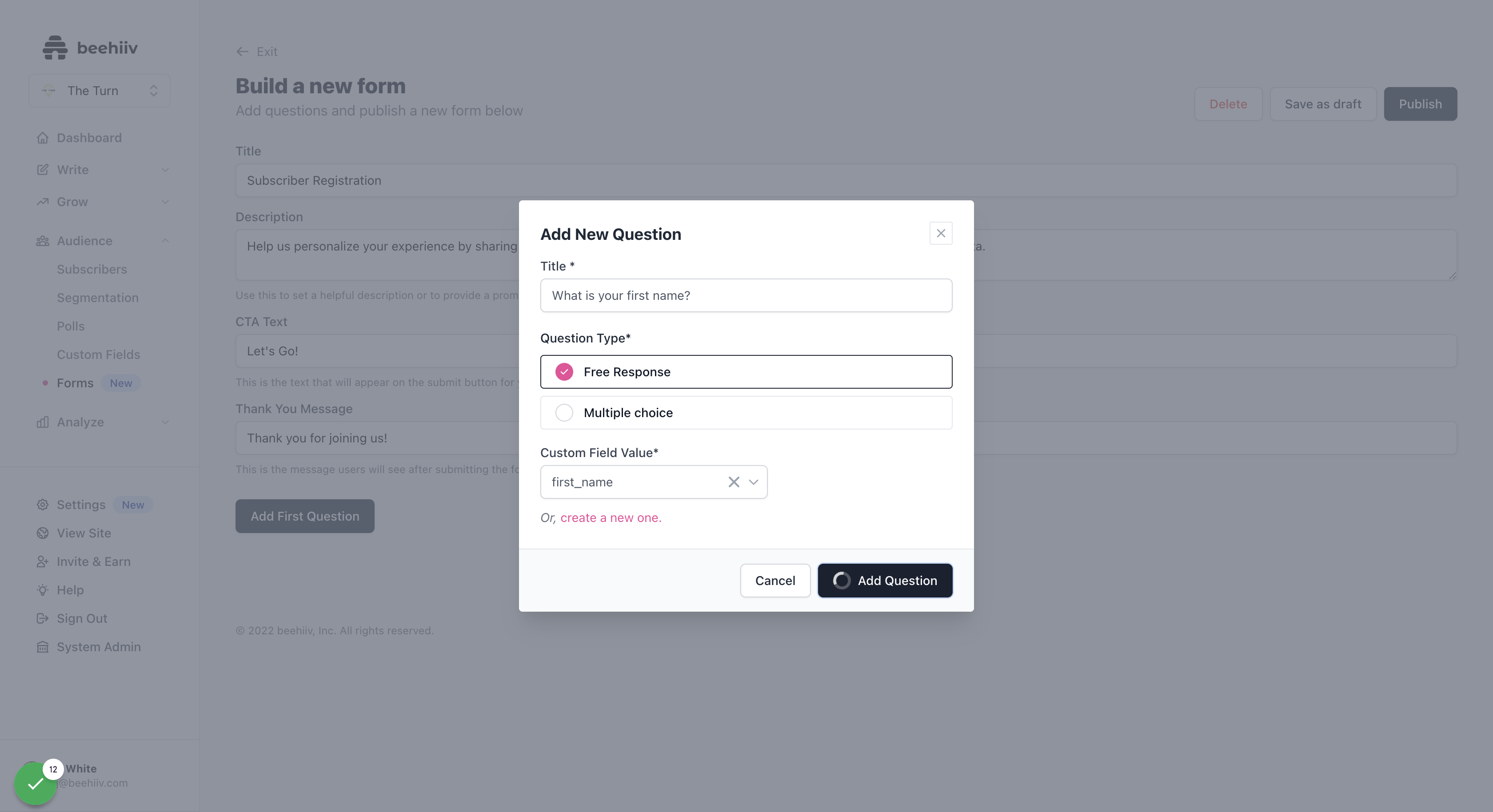 Once you're satisfied with your question, click Add Question to add it to the form