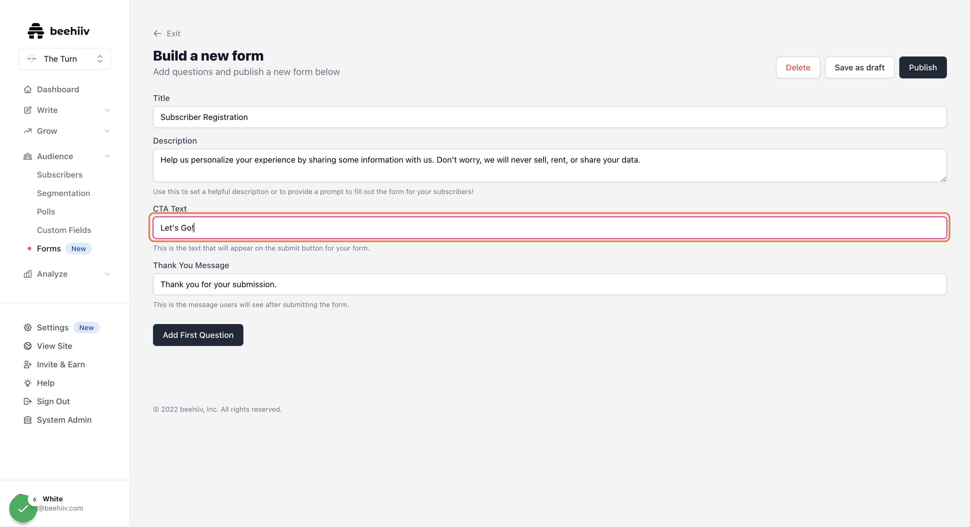 Customize the submission button CTA
