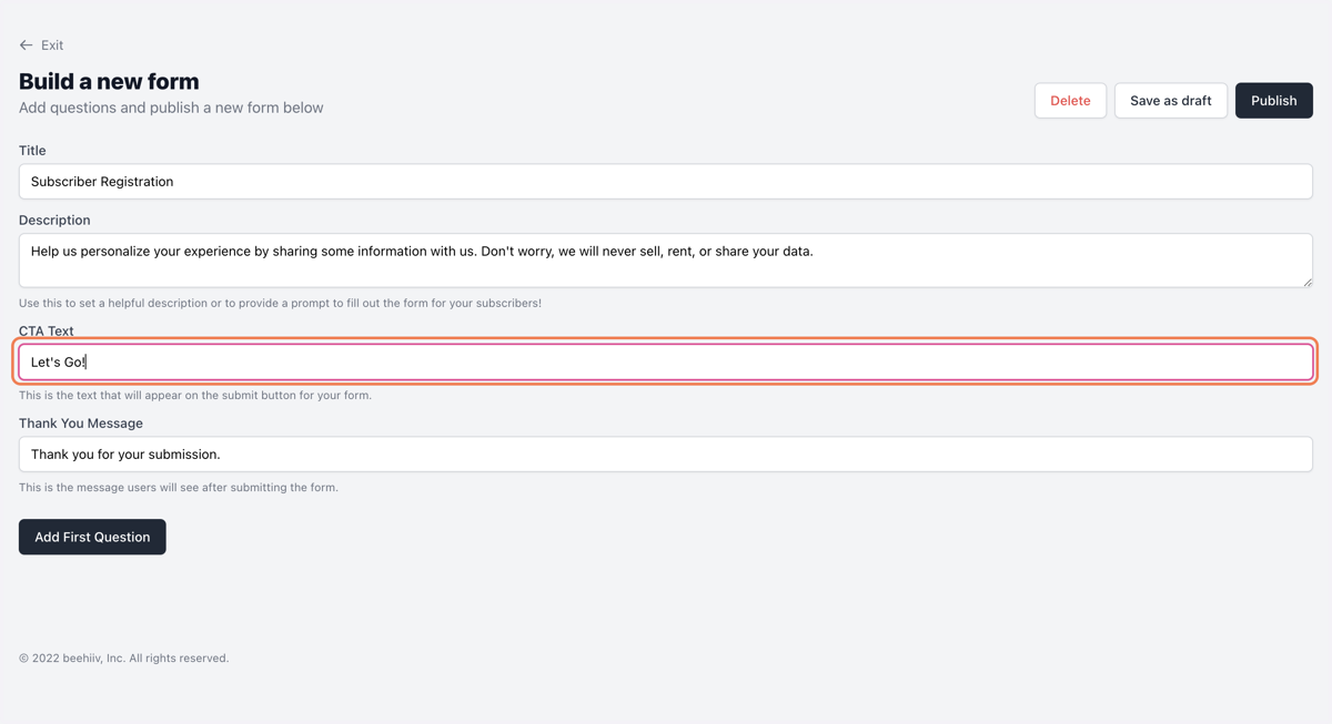 Customize the submission button CTA