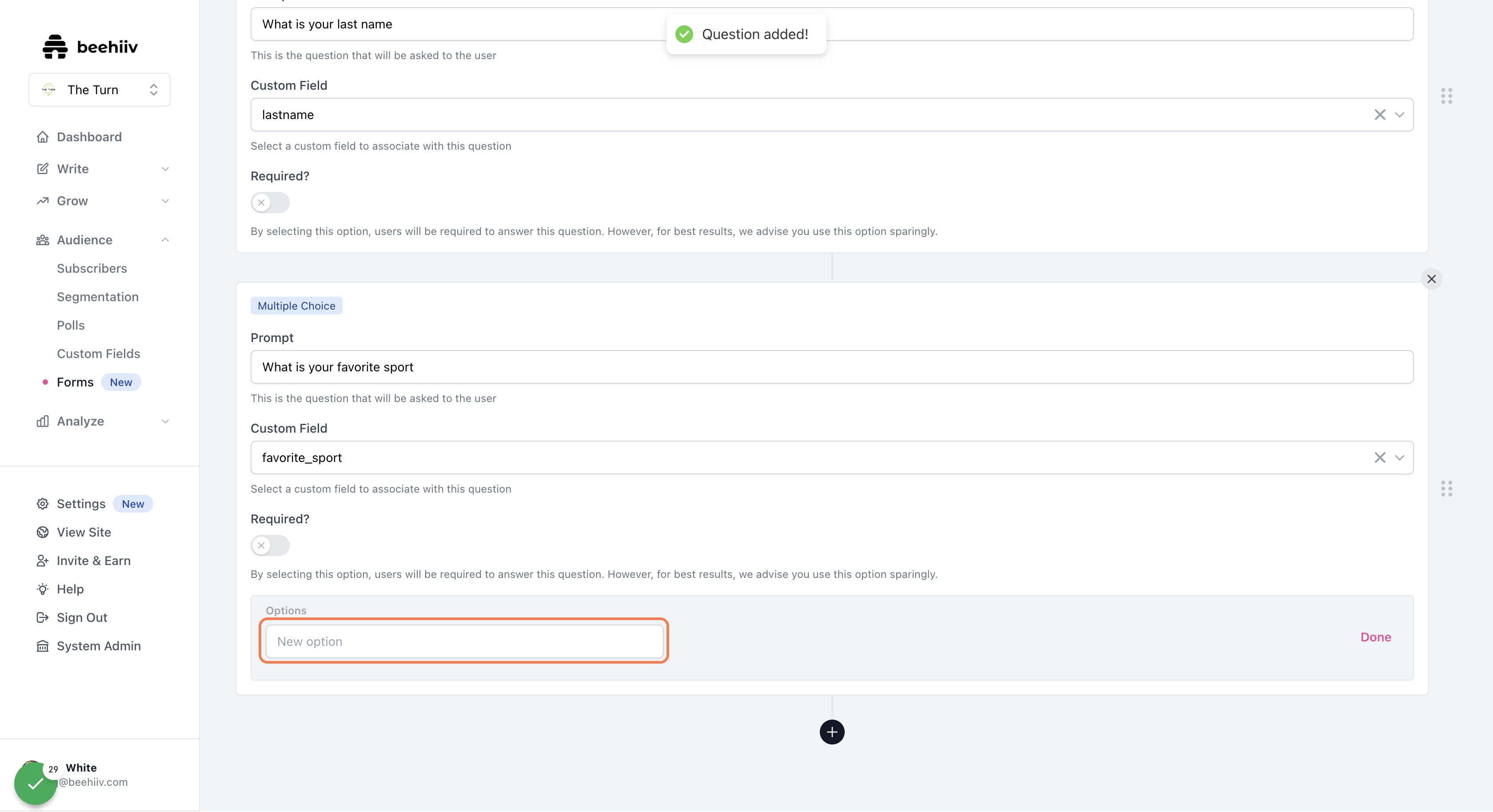 Once the question is added, you will see an interface to add "Options"