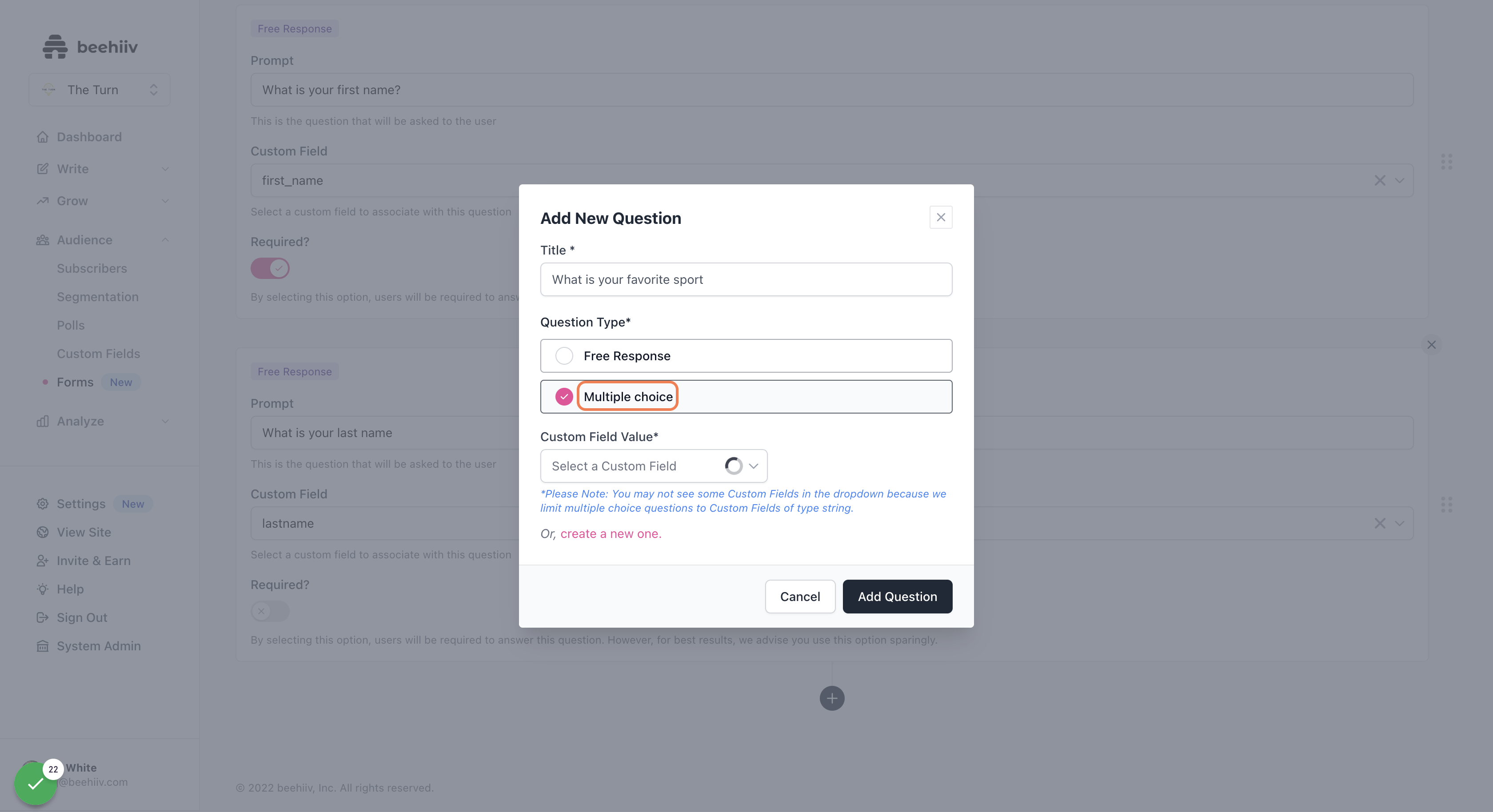 To add a multiple choice question, select multiple choice
