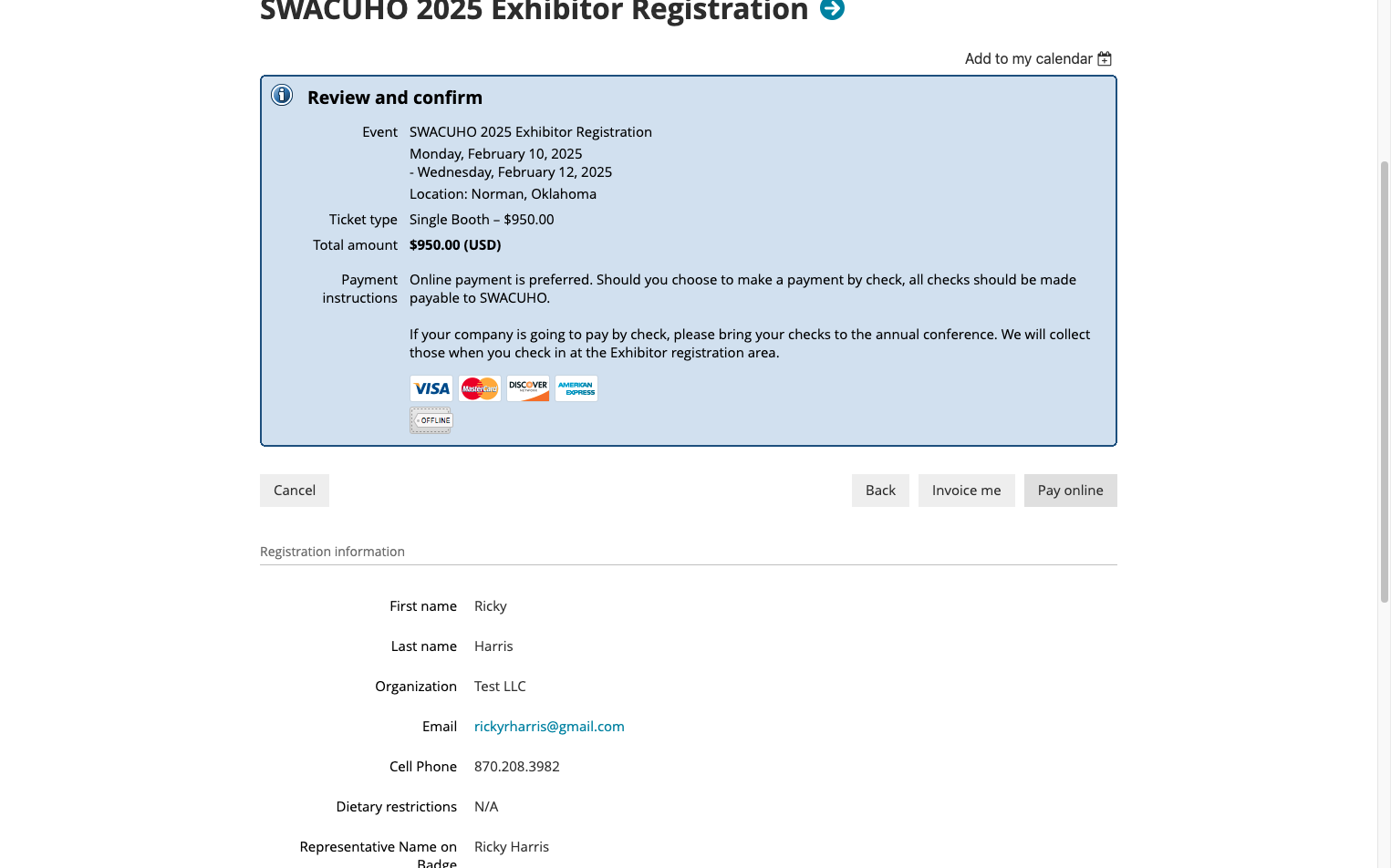 Click on Invoice me to pay via check OR Pay online to pay via card