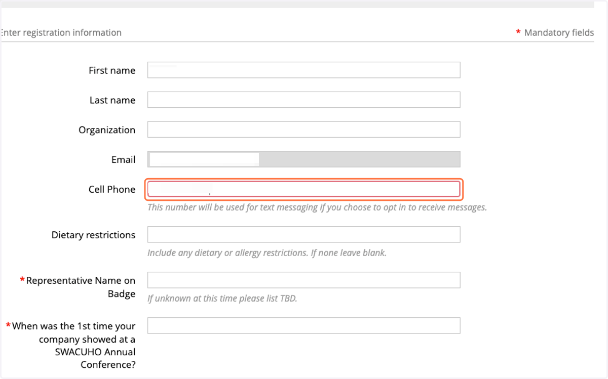 Type representative's cell phone number