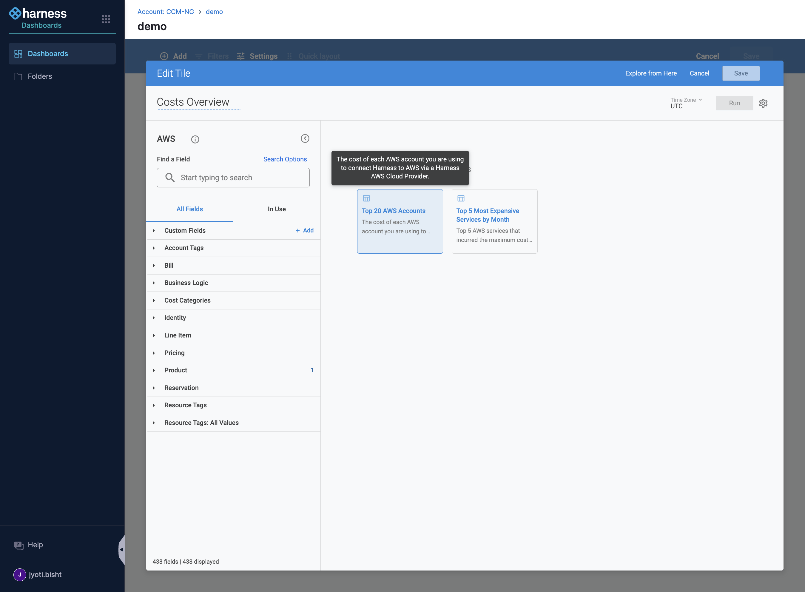 Click on Top 20 AWS Accounts, this will show the cost of each AWS account you are using