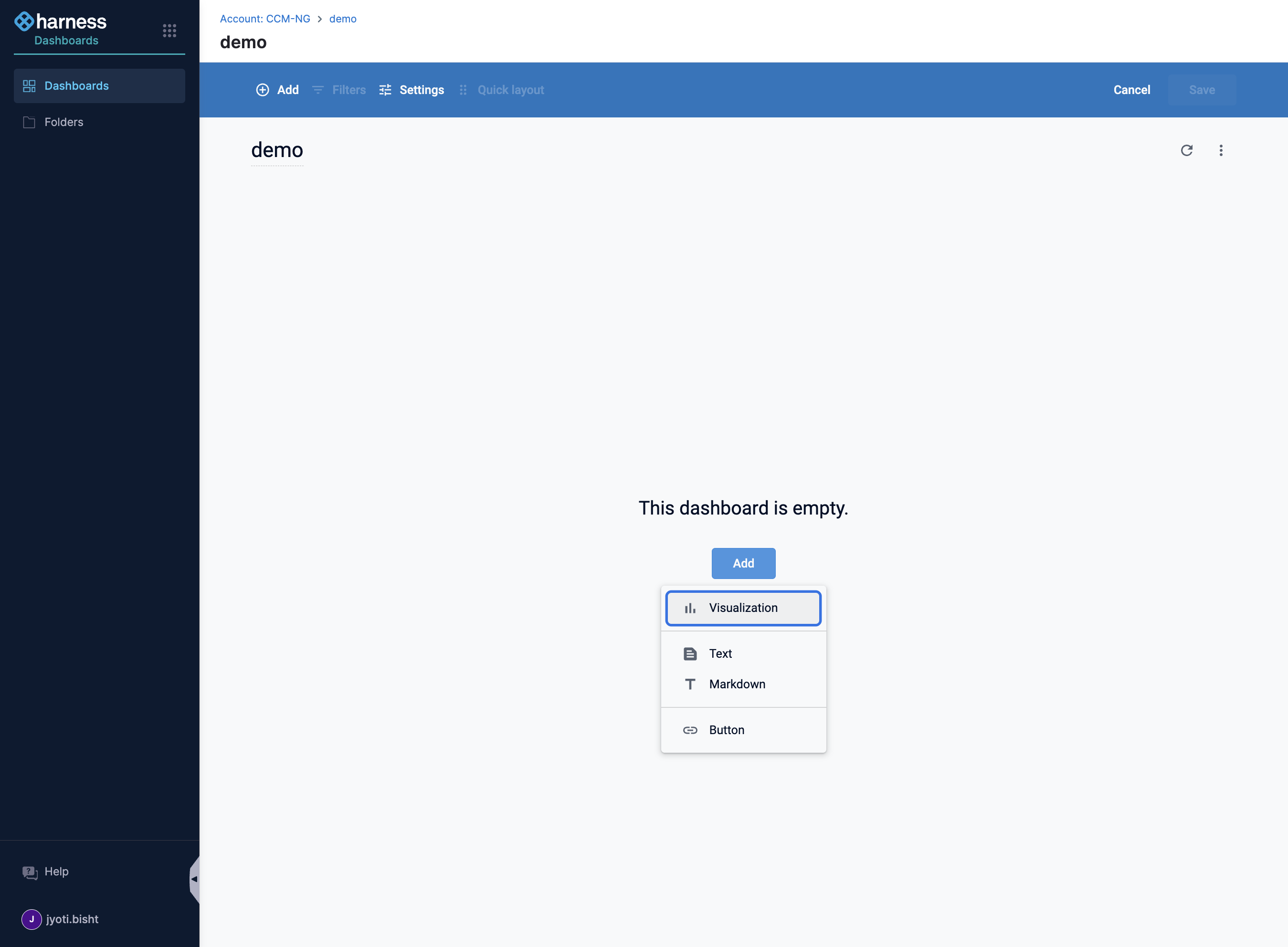 A. Click on Add to add either a visualisation text, mark down or button B. Visualization - helps you see the data and add filters on it with many dimensions