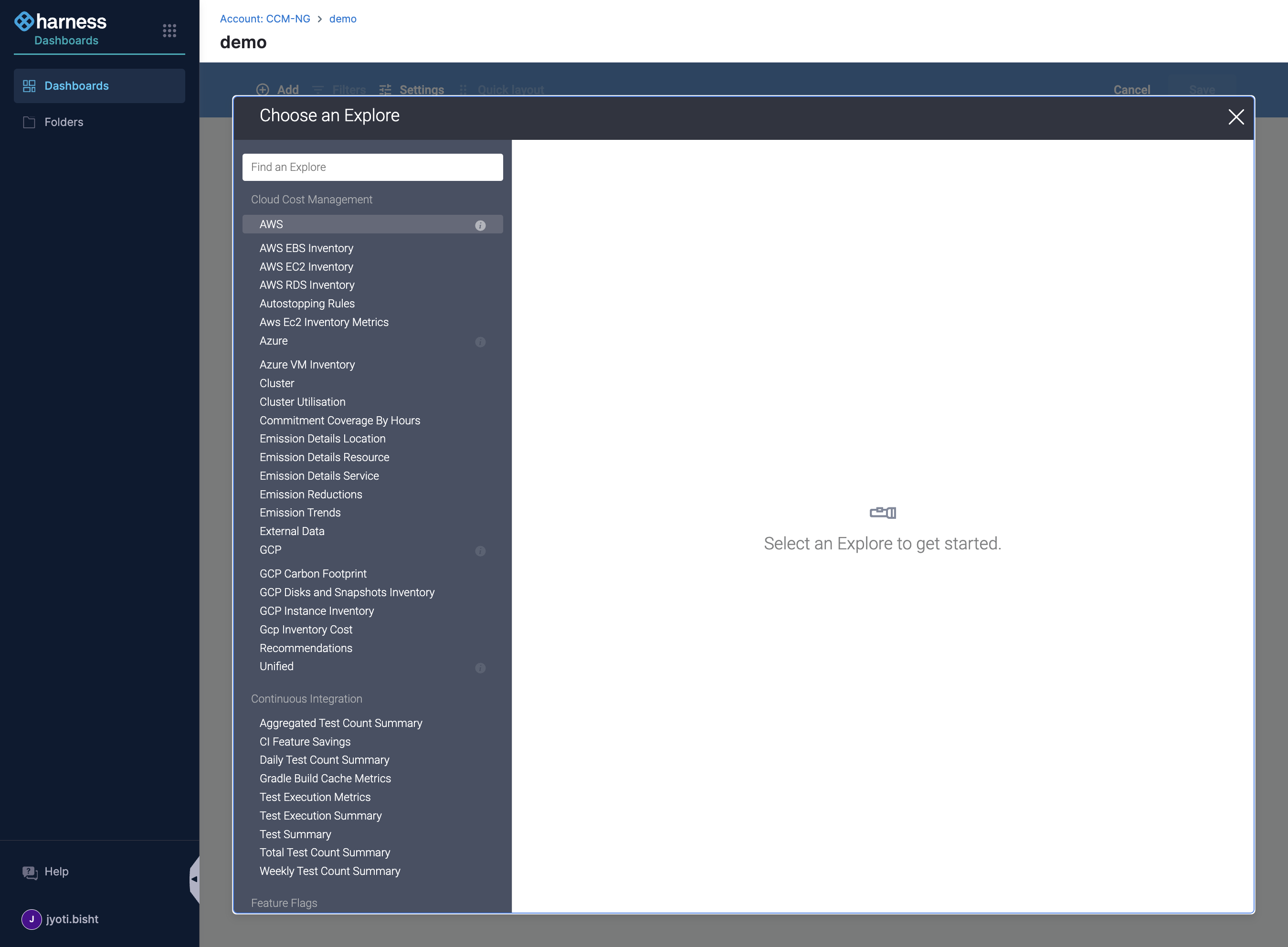 A. Cloud Cost management has a separate dashboard section B. These are all the supported explores in cloud cost management C. Click on AWS to create a tile with AWS data. After you click on it, the parameters of the visualisation can be configured.