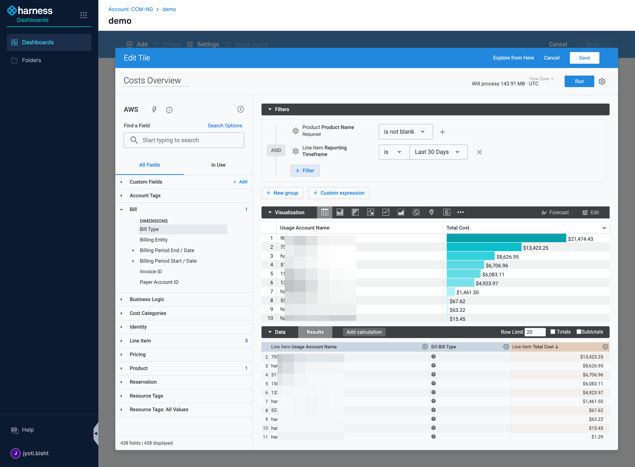 A. Click on Visualization B. Select any field to see the dimensions it supports. Each dimension serves as a data point. C. For example, here bill type can be selected to see the bill type associated with each account. This will put another entry in t