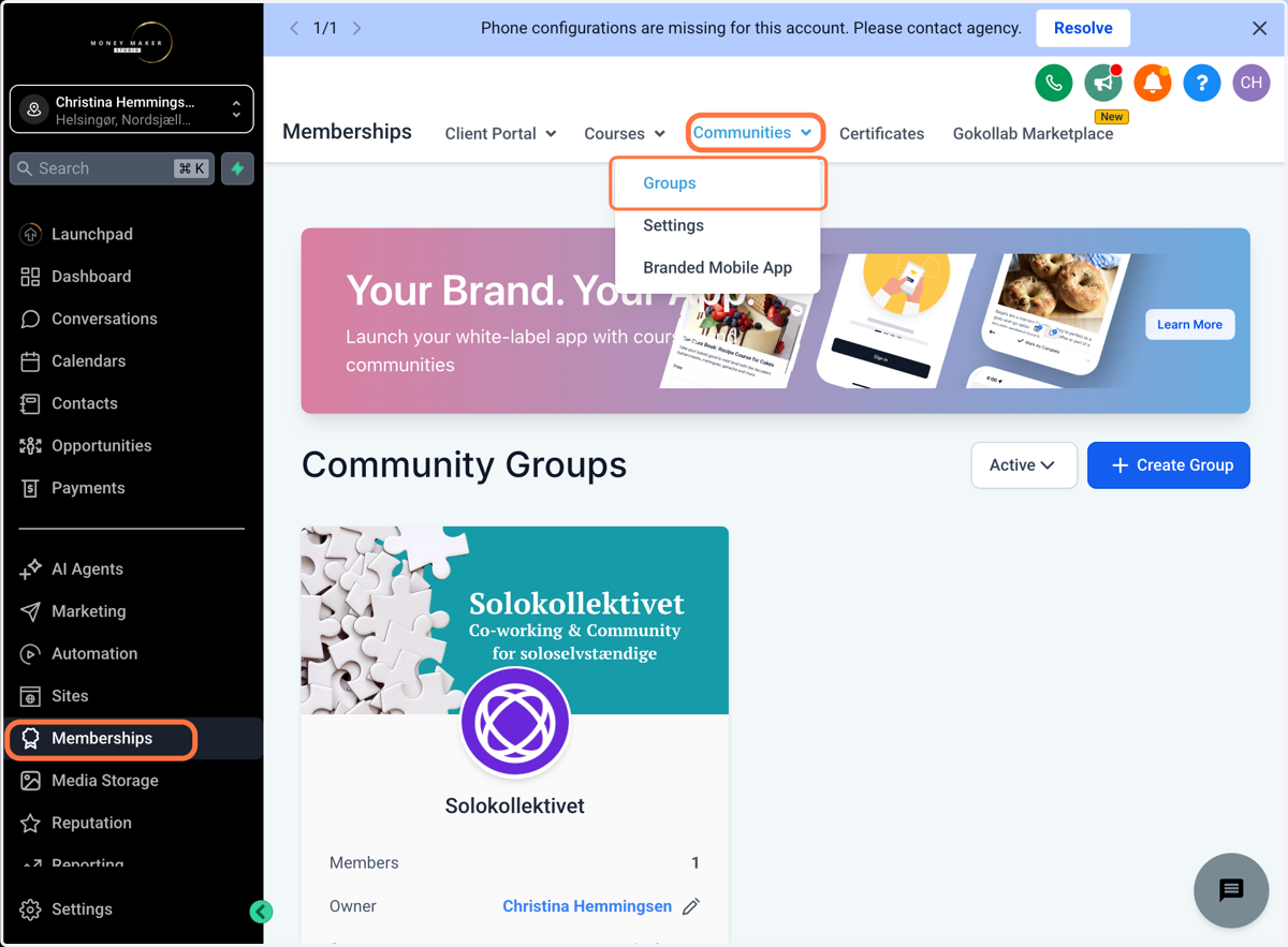 Under Memberships (i den sorte menu), klik på menuen "Communities" og derefter på "Groups"