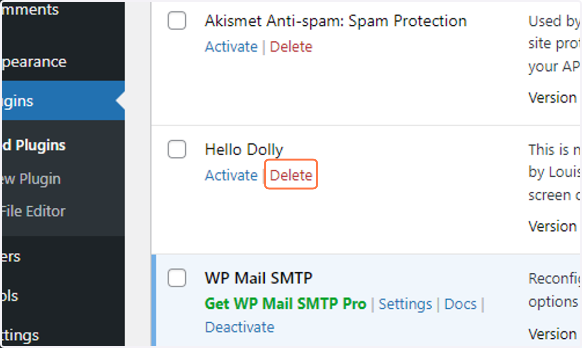 Click on Delete to remove the unnecessary plugins