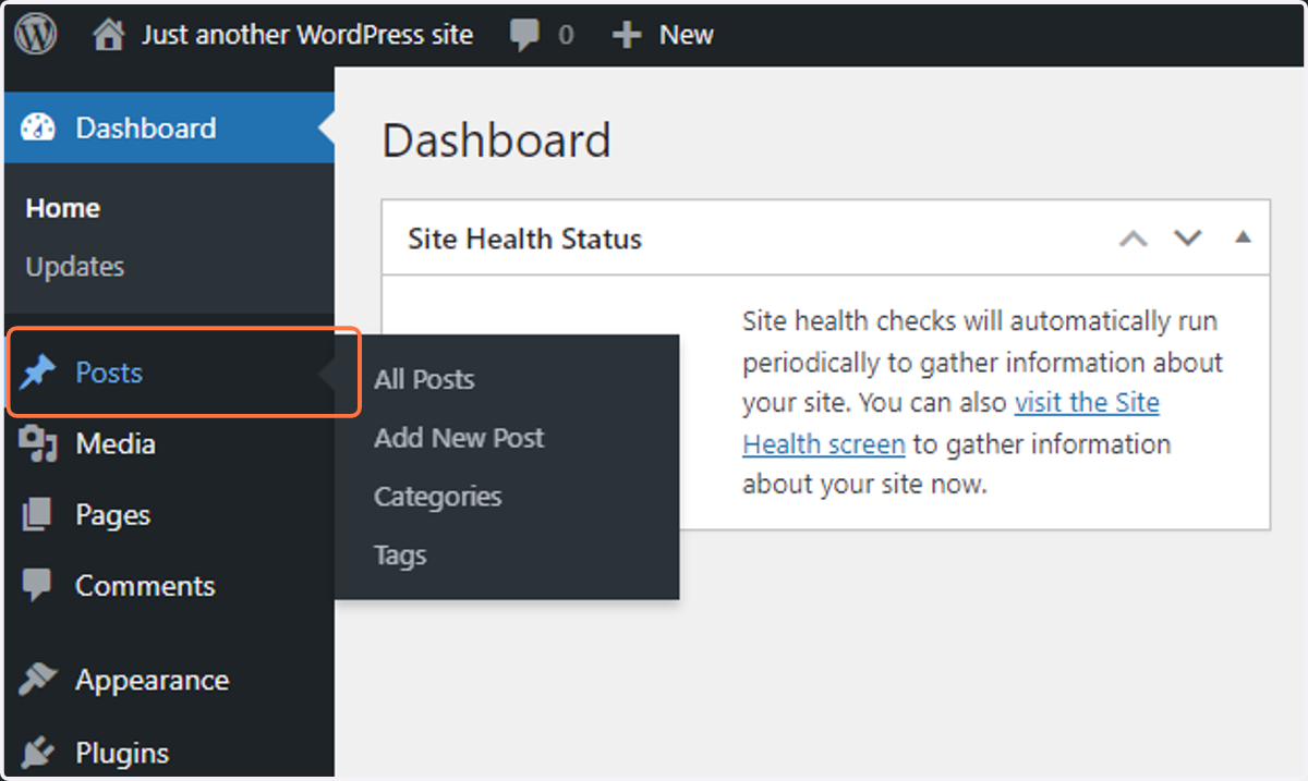 Click on "Posts" in the Main menu
