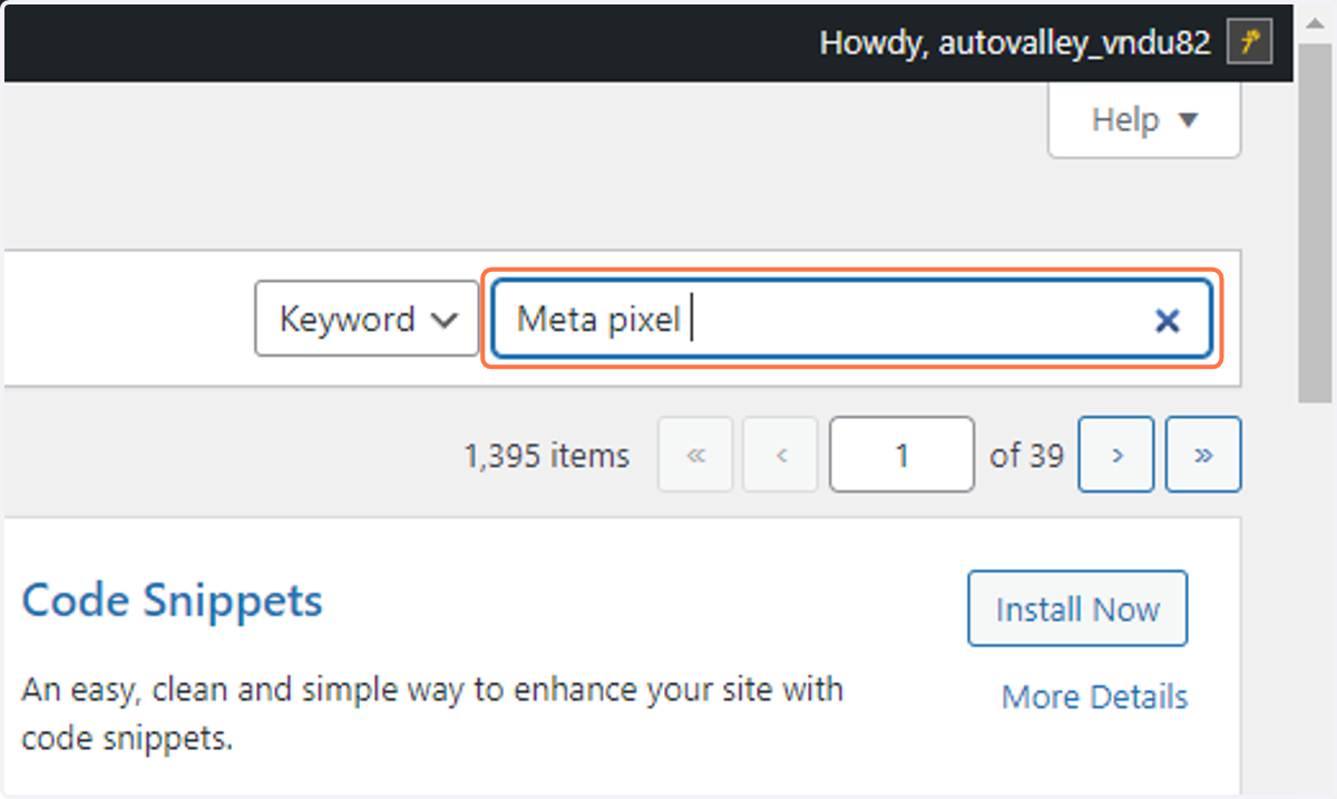 In the search bar type "Meta pixel"