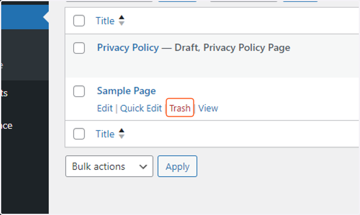 Click on Trash to delete the sample page