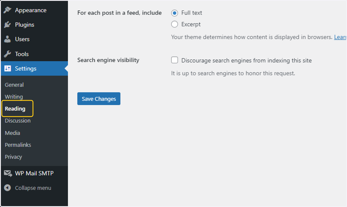 Click on "Reading" in the settings pane in the main menu