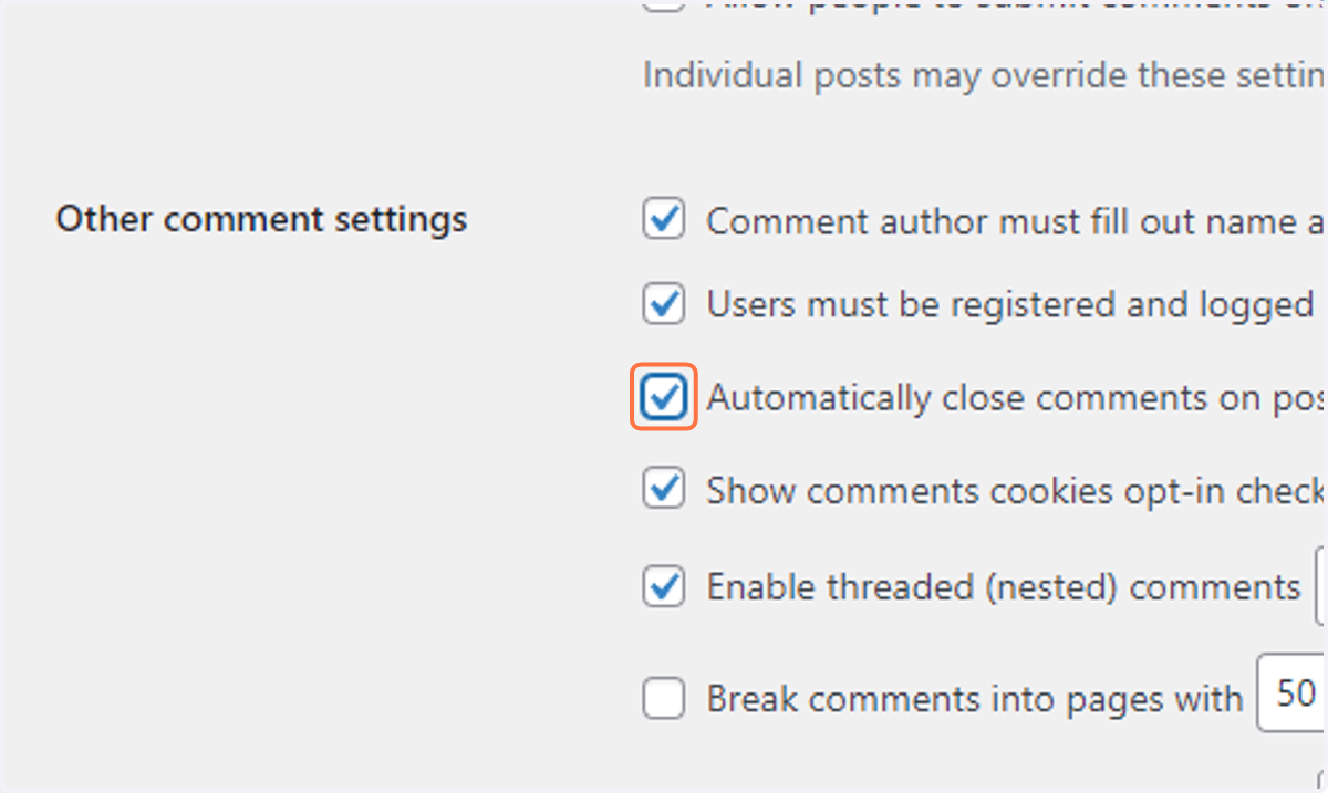 Check Automatically close comments on posts older than