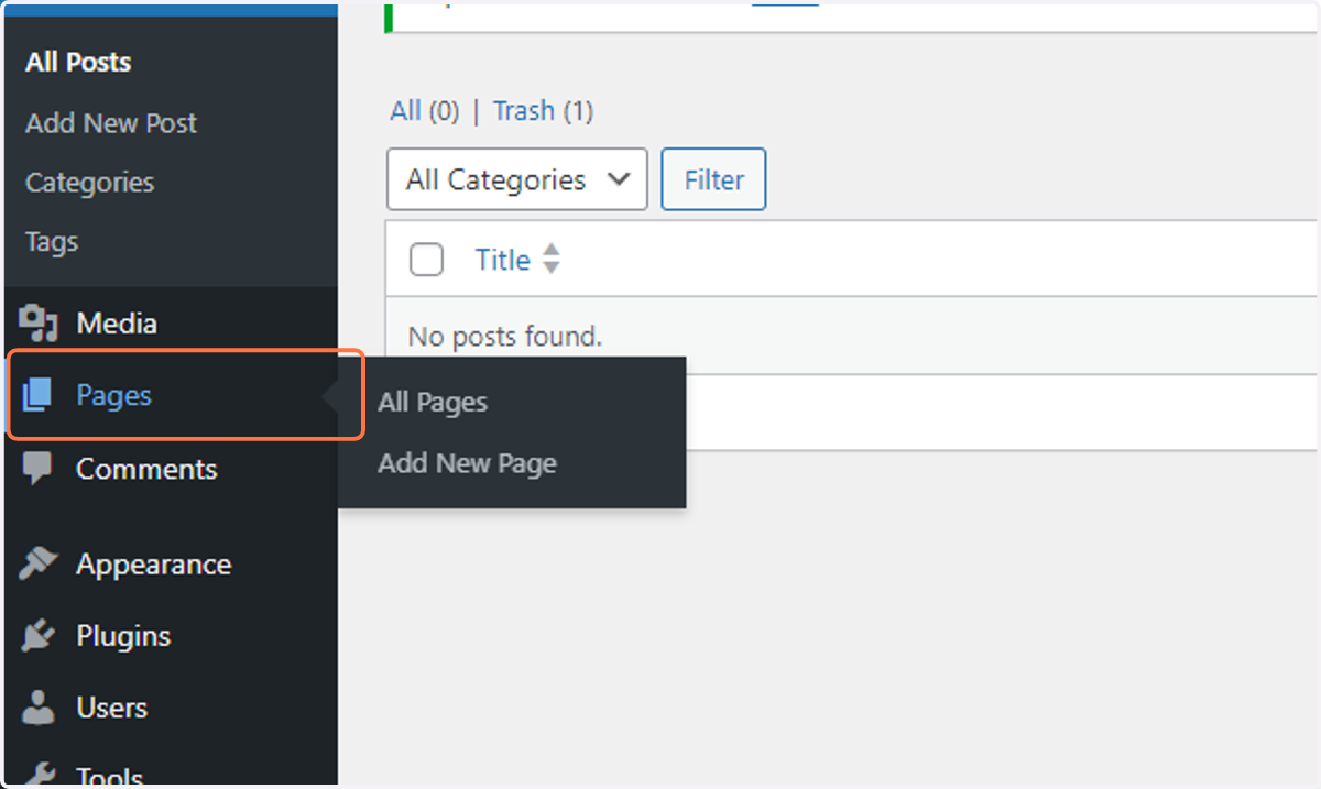 Click on "Pages" in the Main menu