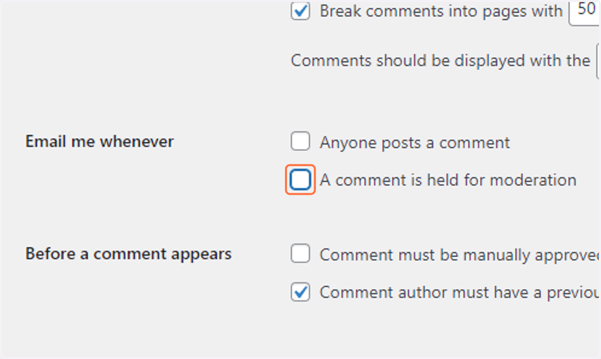 Uncheck A comment is held for moderation