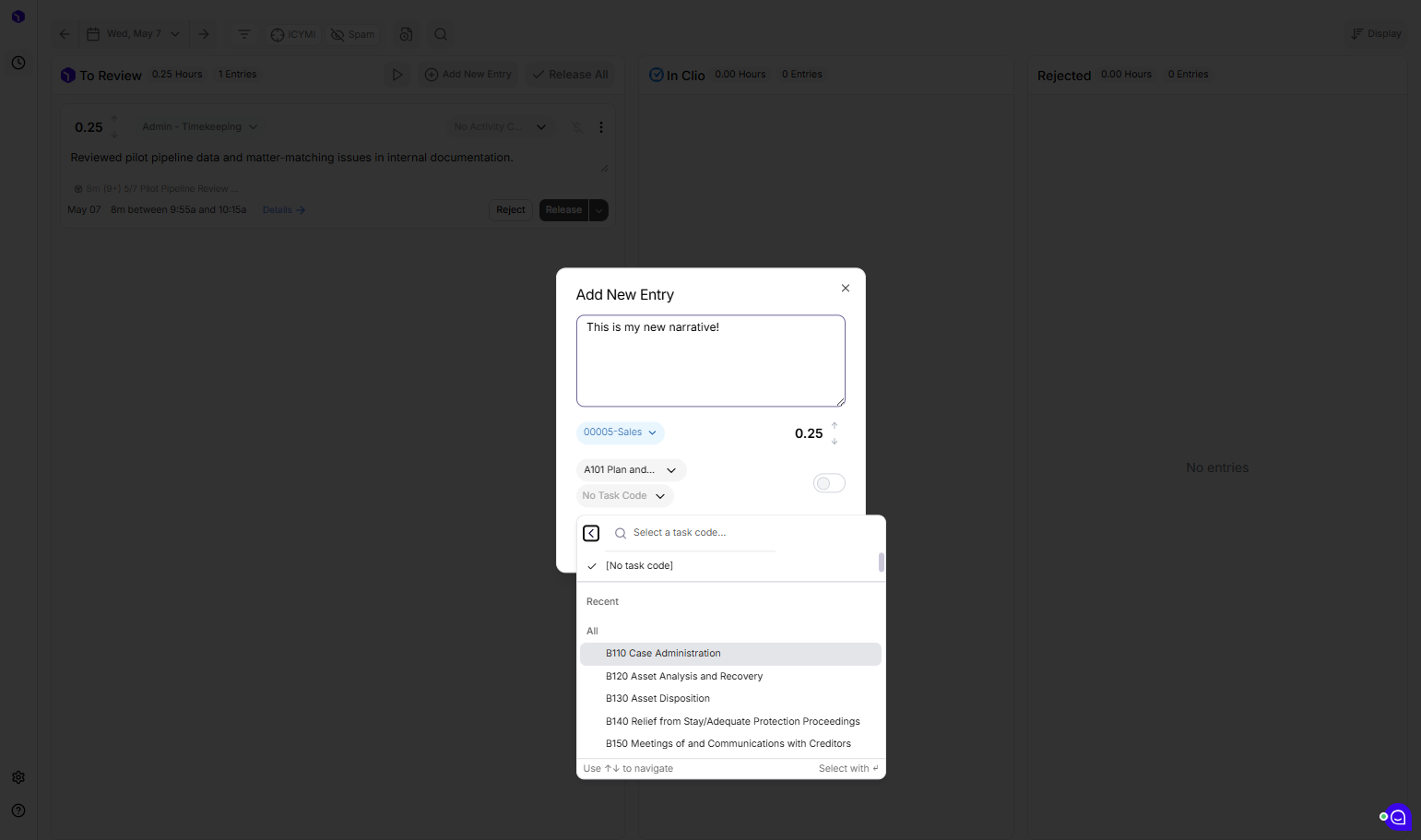 and pick a Task code from the dropdown as well