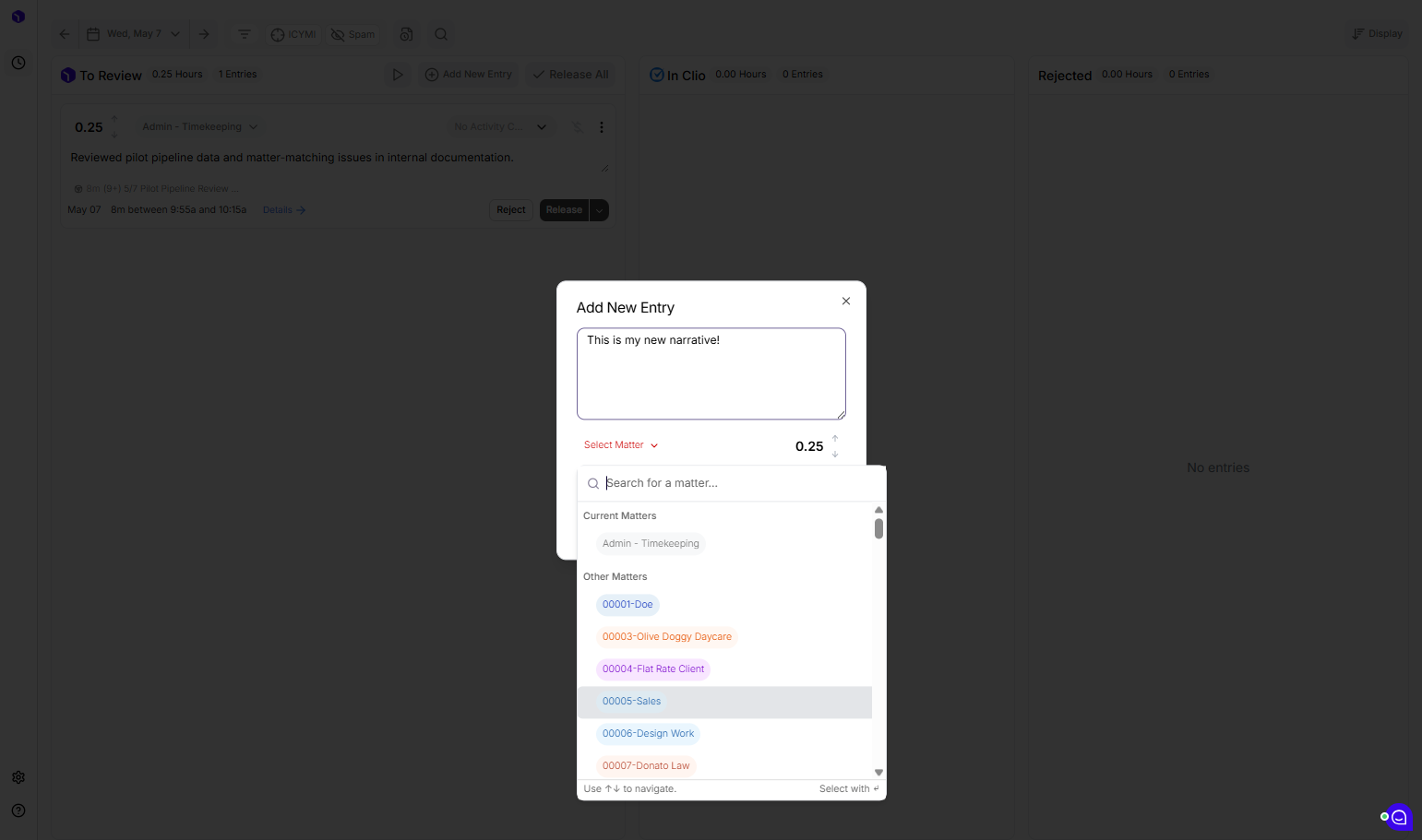 Pick a matter from the dropdown