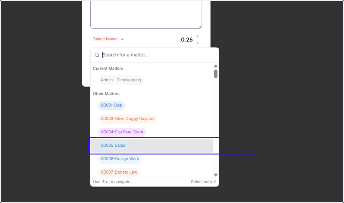 Pick a matter from the dropdown