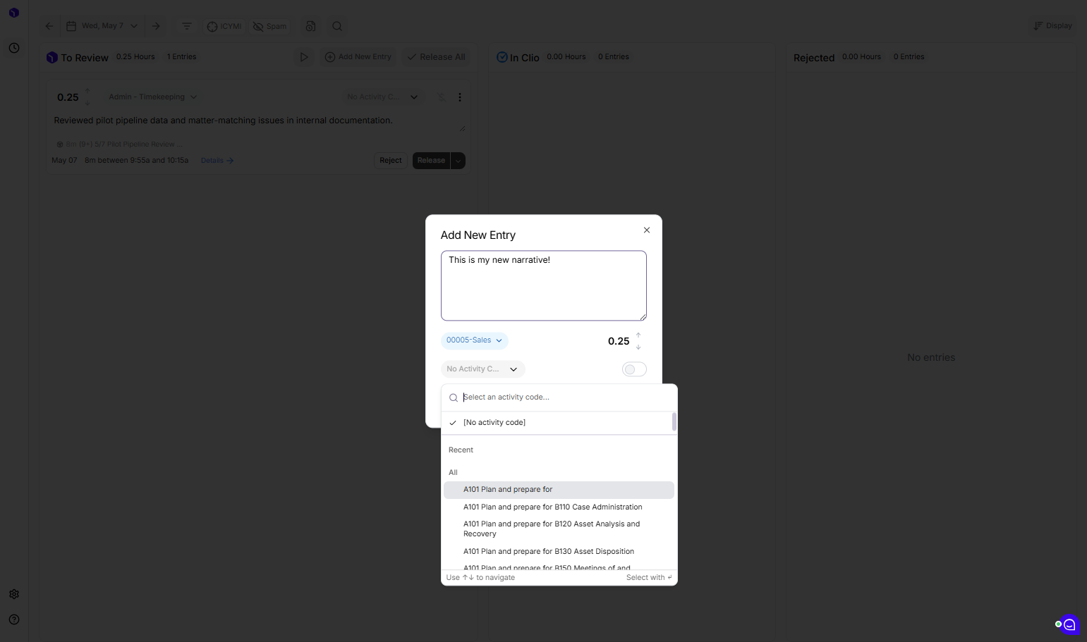 Pick an Activity code from the dropdown