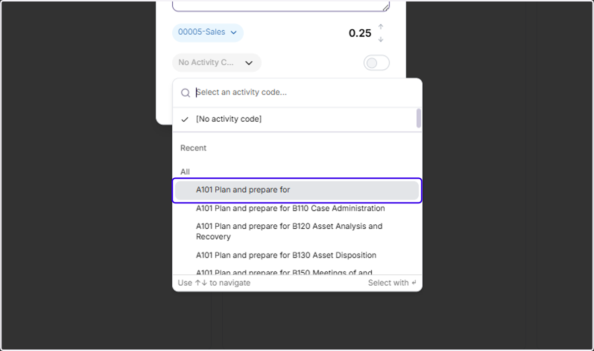 Pick an Activity code from the dropdown