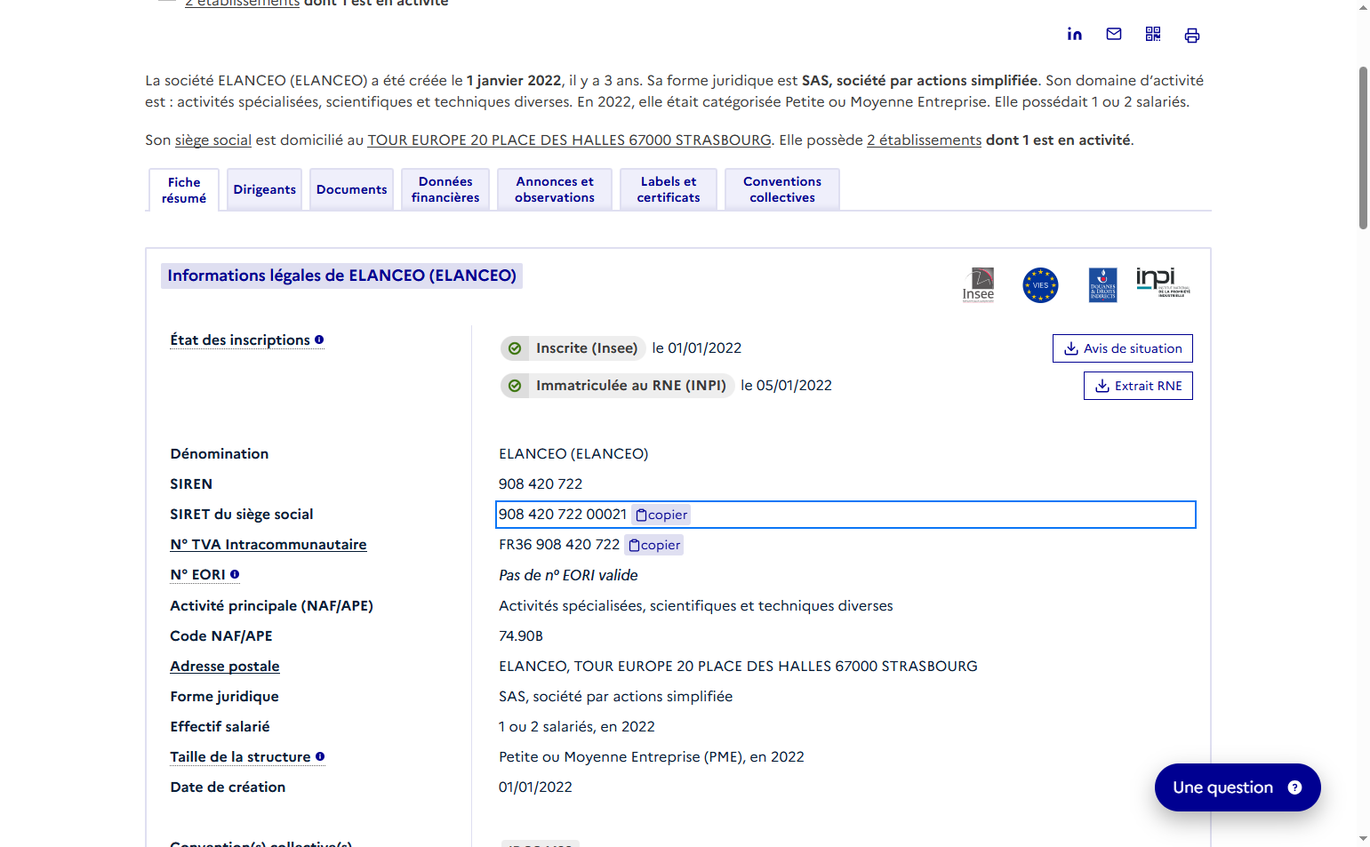 Copier le numéro de TVA puis coller dans la fiche société sur ELANCEO